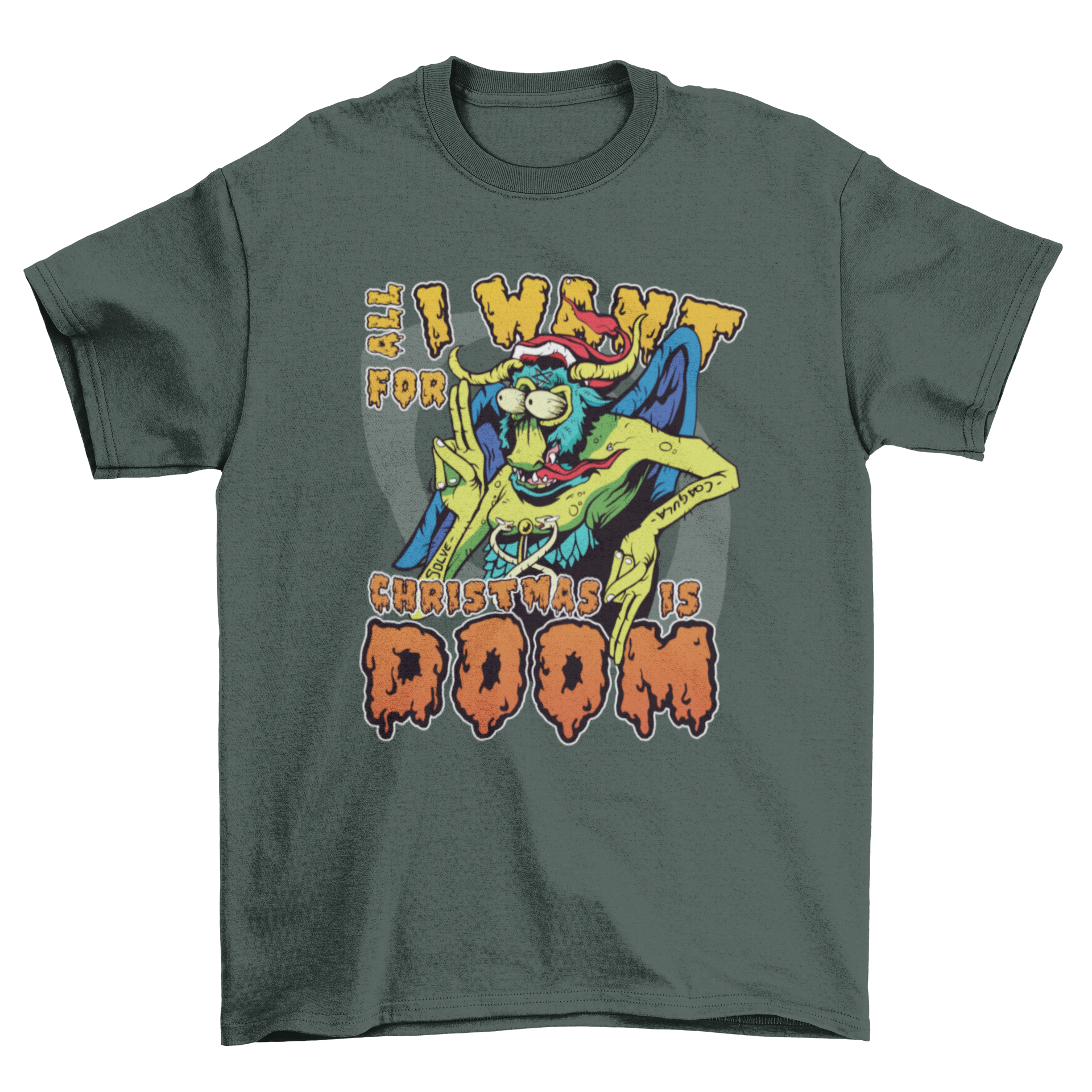 A festive Christmas Demon T-shirt featuring a playful demon design and the quote 'ALL I WANT FOR CHRISTMAS IS DOOM.'