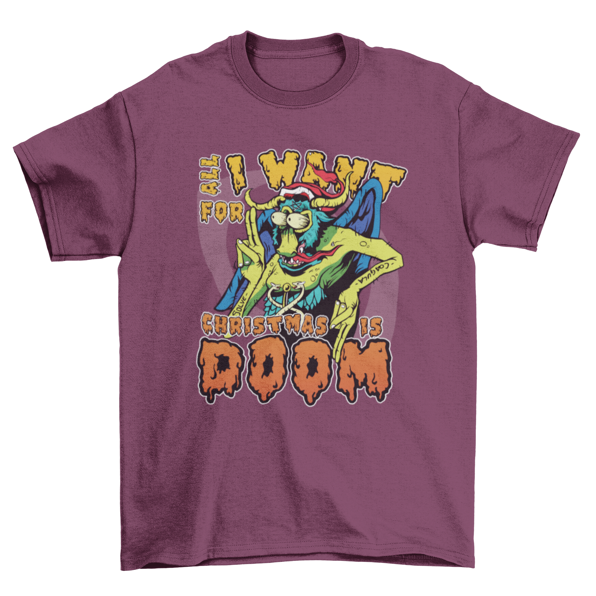 A festive Christmas Demon T-shirt featuring a playful demon design and the quote 'ALL I WANT FOR CHRISTMAS IS DOOM.'