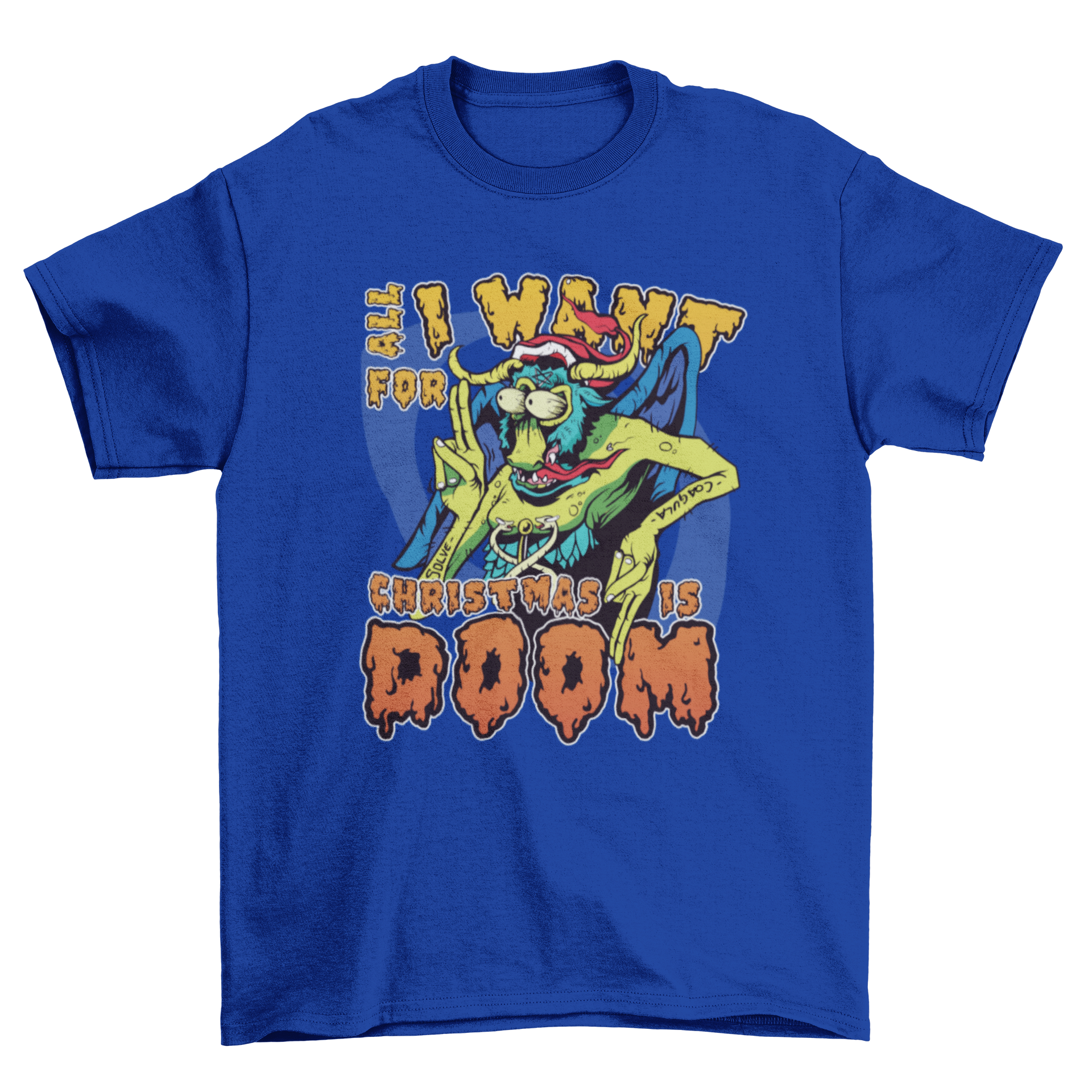 A festive Christmas Demon T-shirt featuring a playful demon design and the quote 'ALL I WANT FOR CHRISTMAS IS DOOM.'