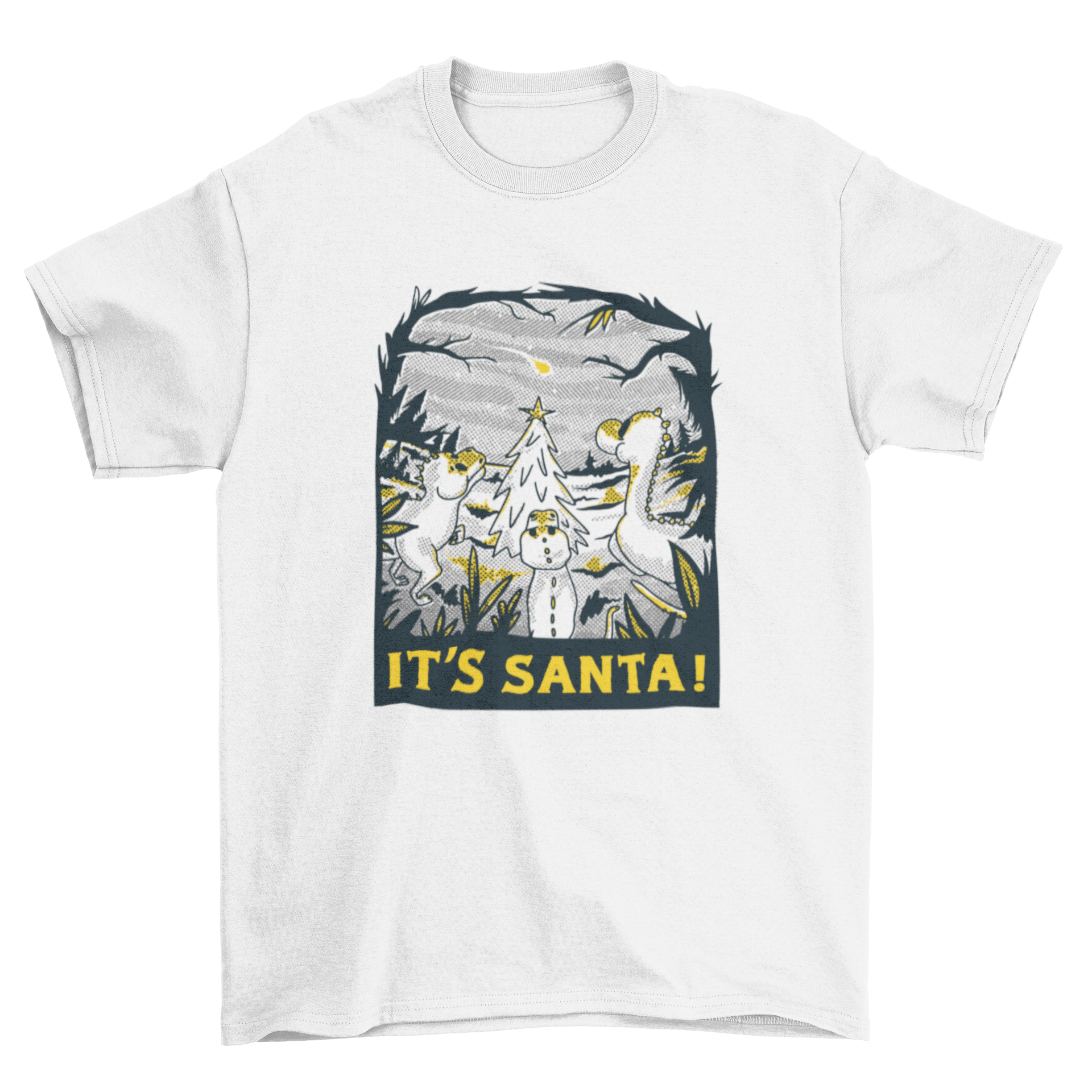 A colorful t-shirt design featuring dinosaurs around a Christmas tree, looking at a meteorite with the quote 'It's Santa!'