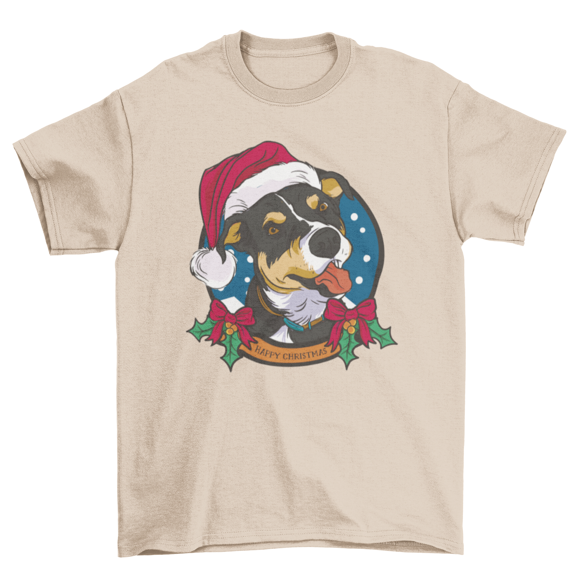 A festive t-shirt design featuring a cheerful dog wearing a Christmas hat with the quote 'Happy Christmas'.