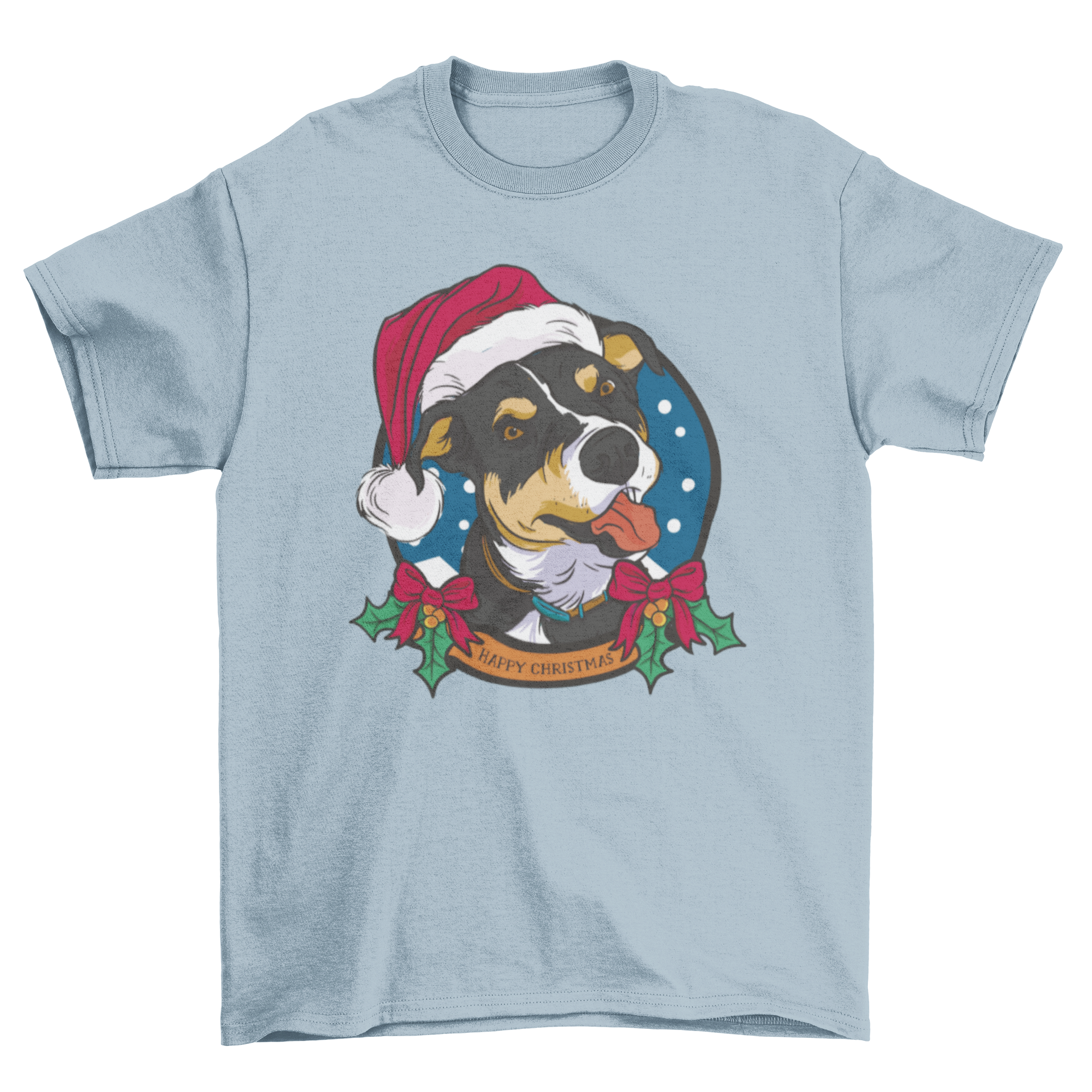 A festive t-shirt design featuring a cheerful dog wearing a Christmas hat with the quote 'Happy Christmas'.