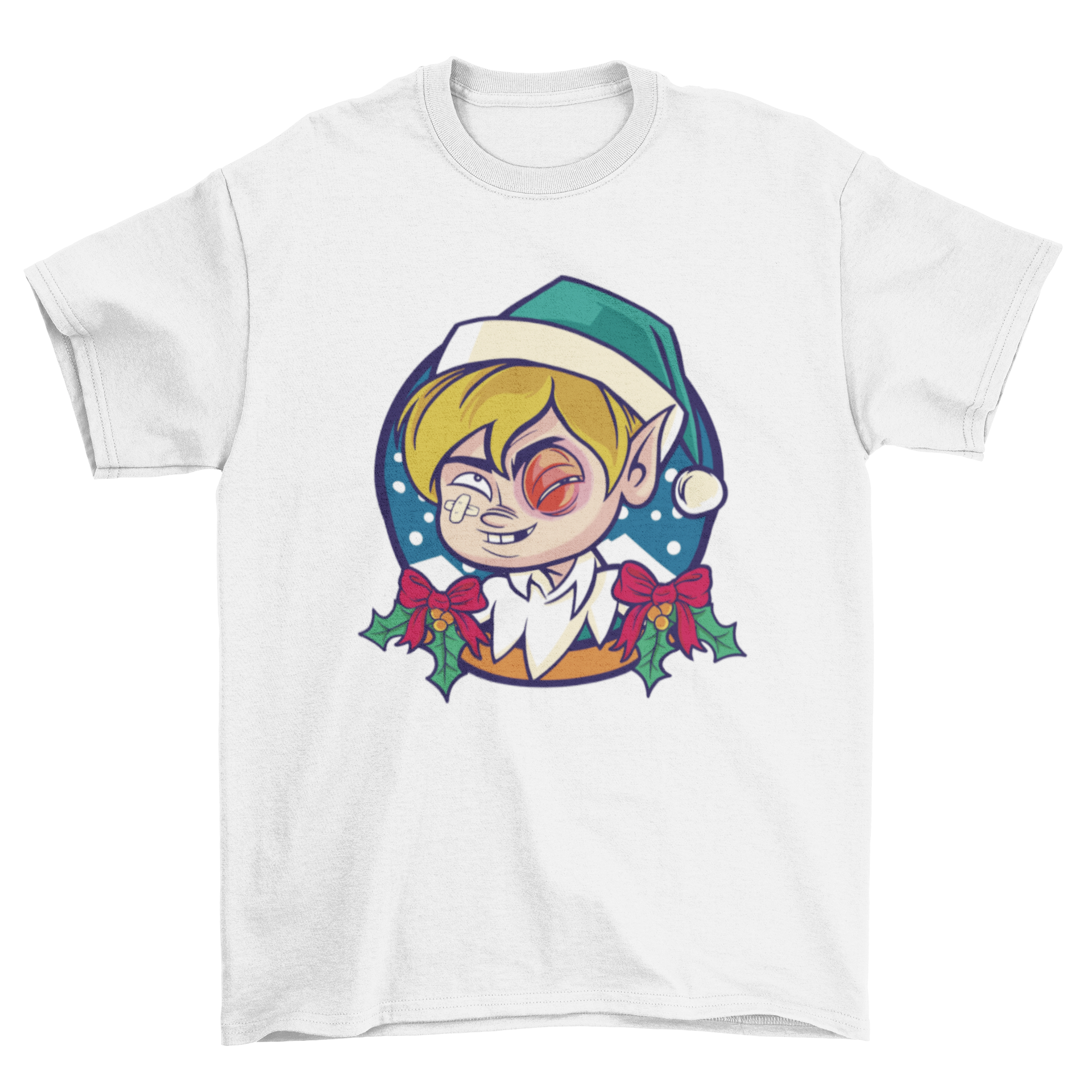 A playful Christmas elf t-shirt featuring an elf with a black eye, perfect for festive occasions.