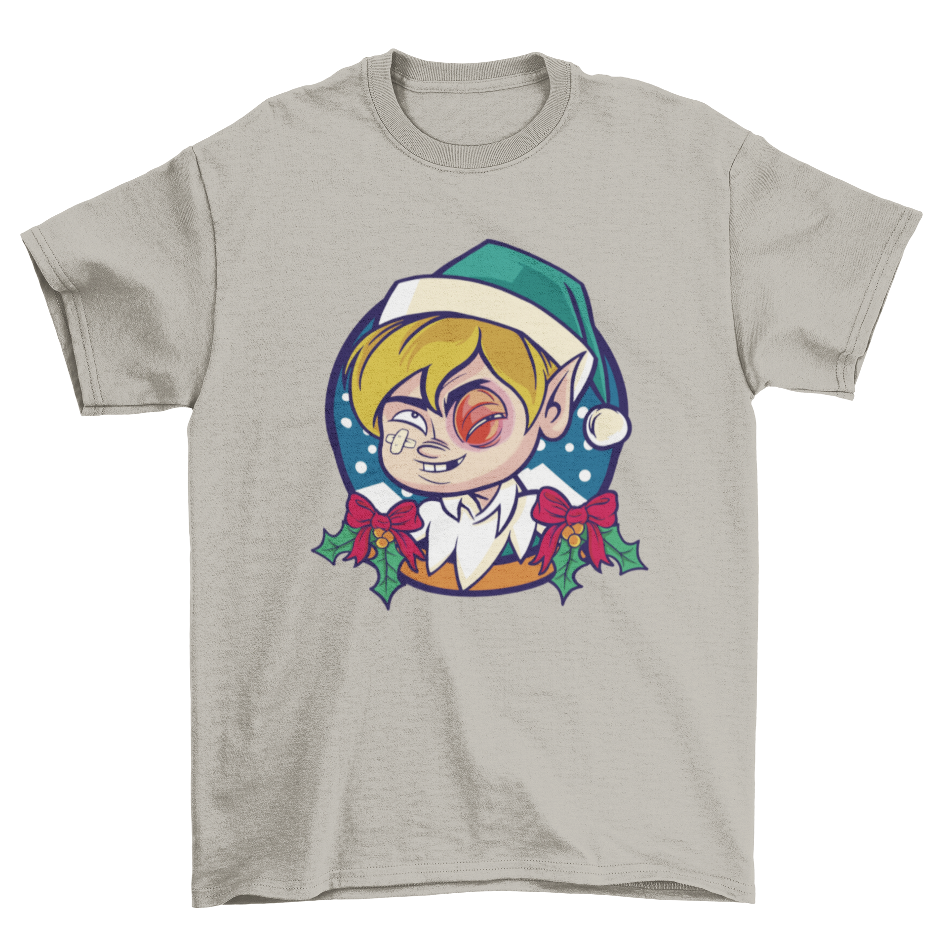A playful Christmas elf t-shirt featuring an elf with a black eye, perfect for festive occasions.