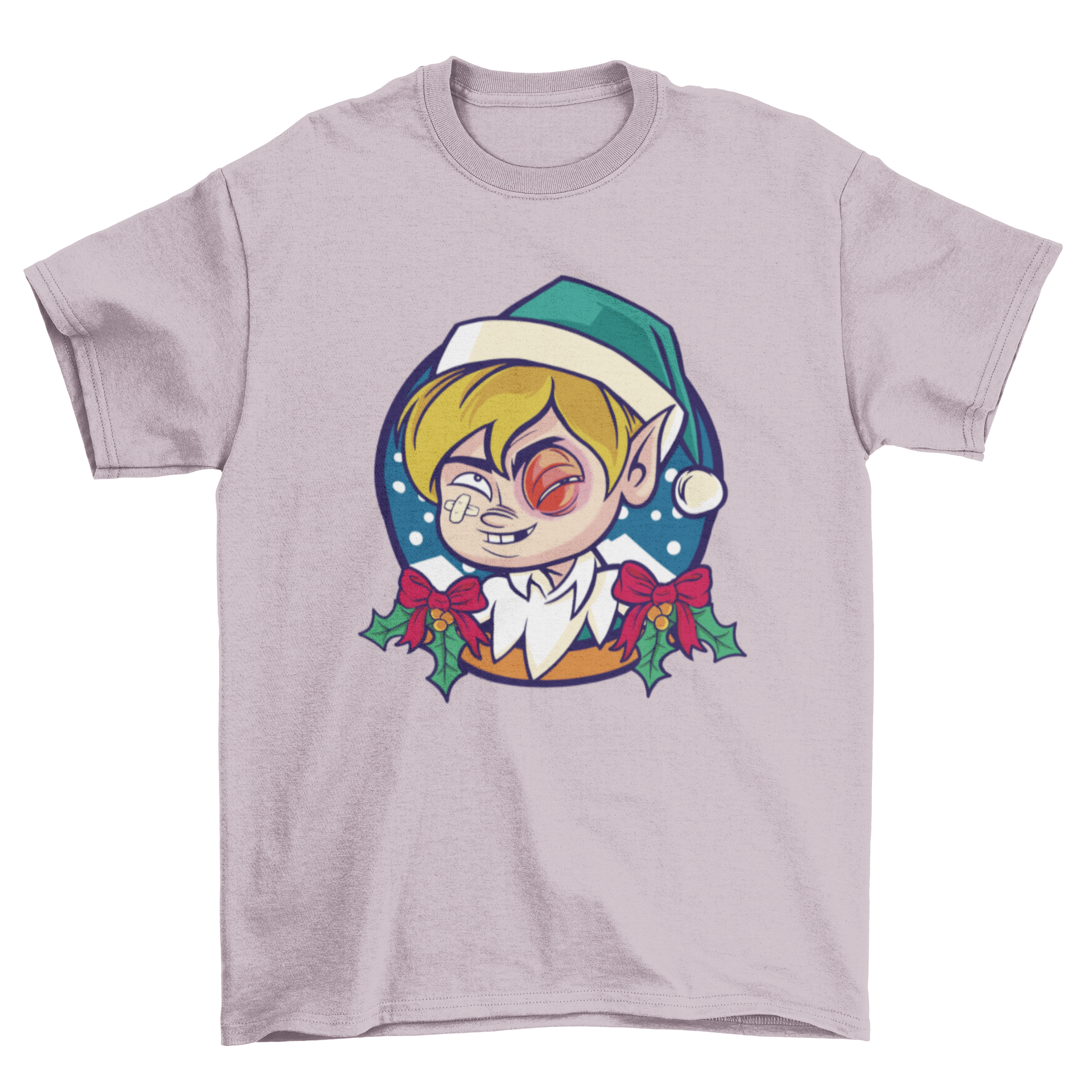 A playful Christmas elf t-shirt featuring an elf with a black eye, perfect for festive occasions.