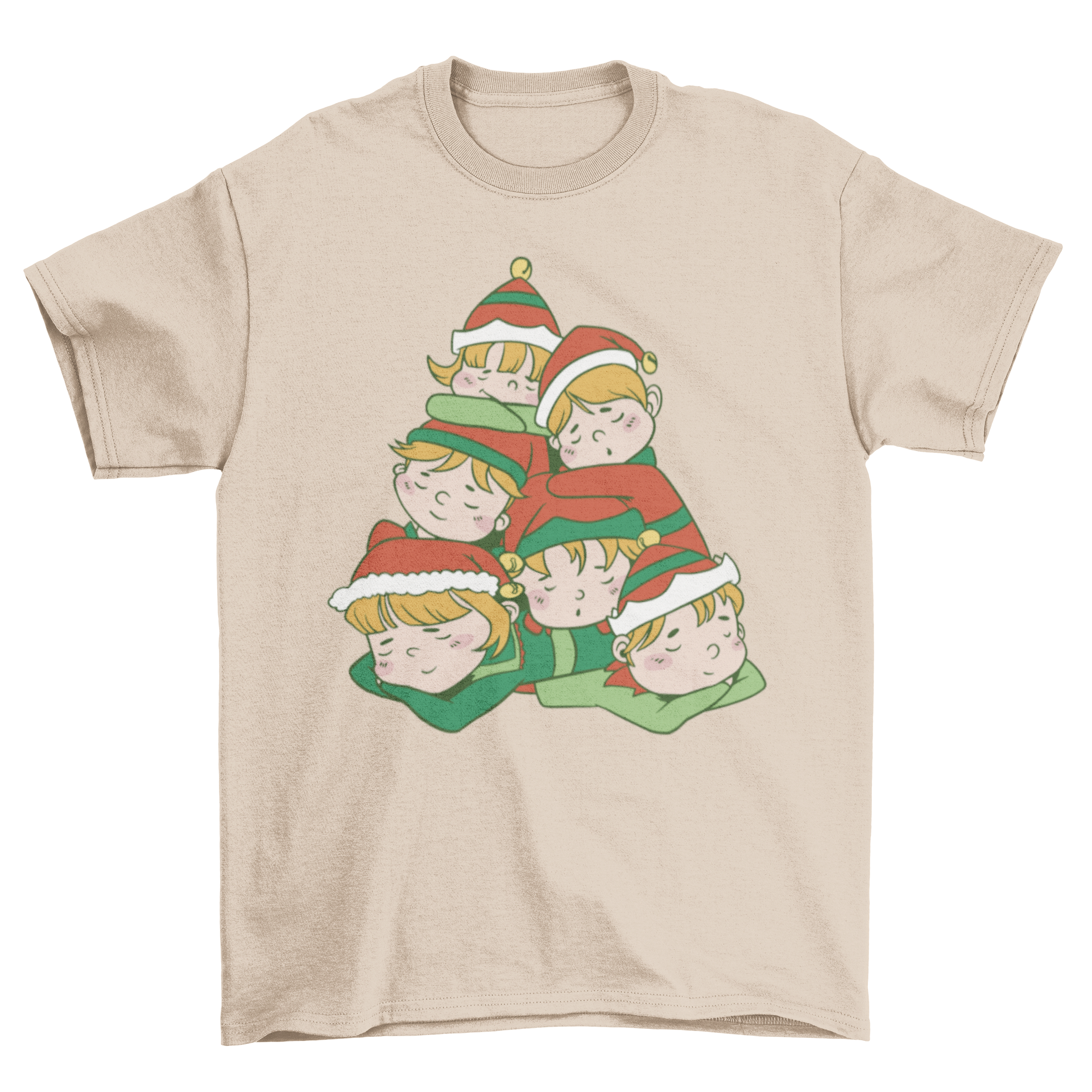 A festive t-shirt featuring cute Christmas elves sleeping on top of each other, perfect for holiday celebrations.