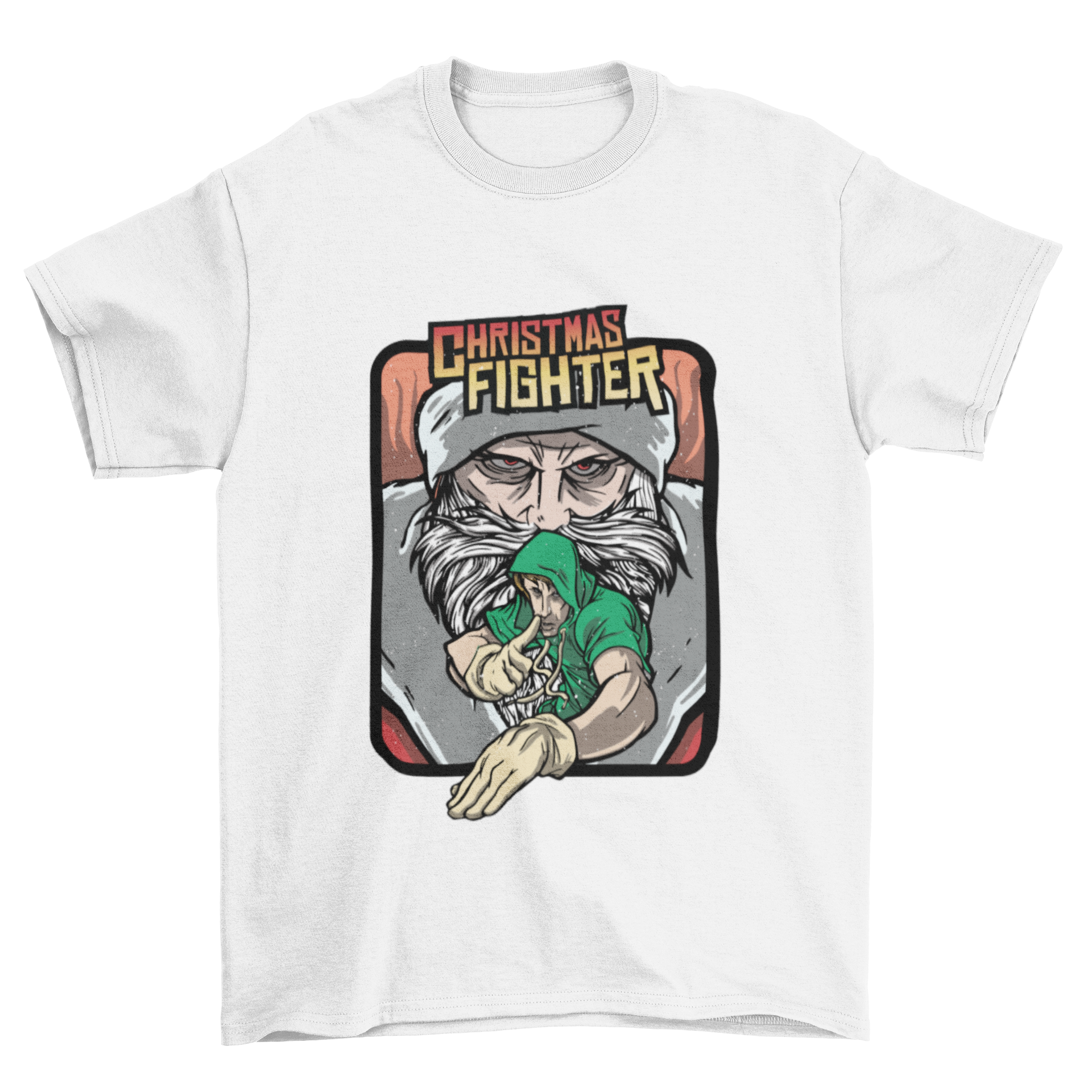 A humorous Christmas T-shirt featuring Santa battling an elf with the text 'CHRISTMAS FIGHTER' in a gaming style.