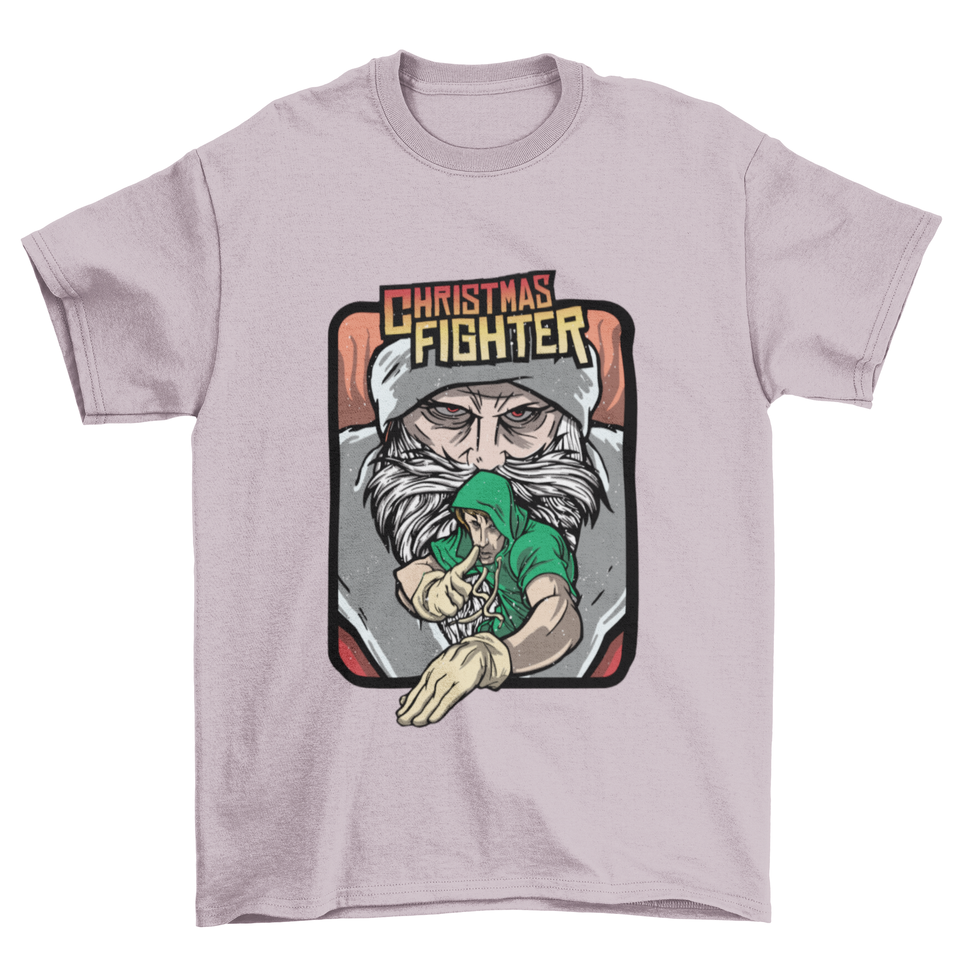 A humorous Christmas T-shirt featuring Santa battling an elf with the text 'CHRISTMAS FIGHTER' in a gaming style.