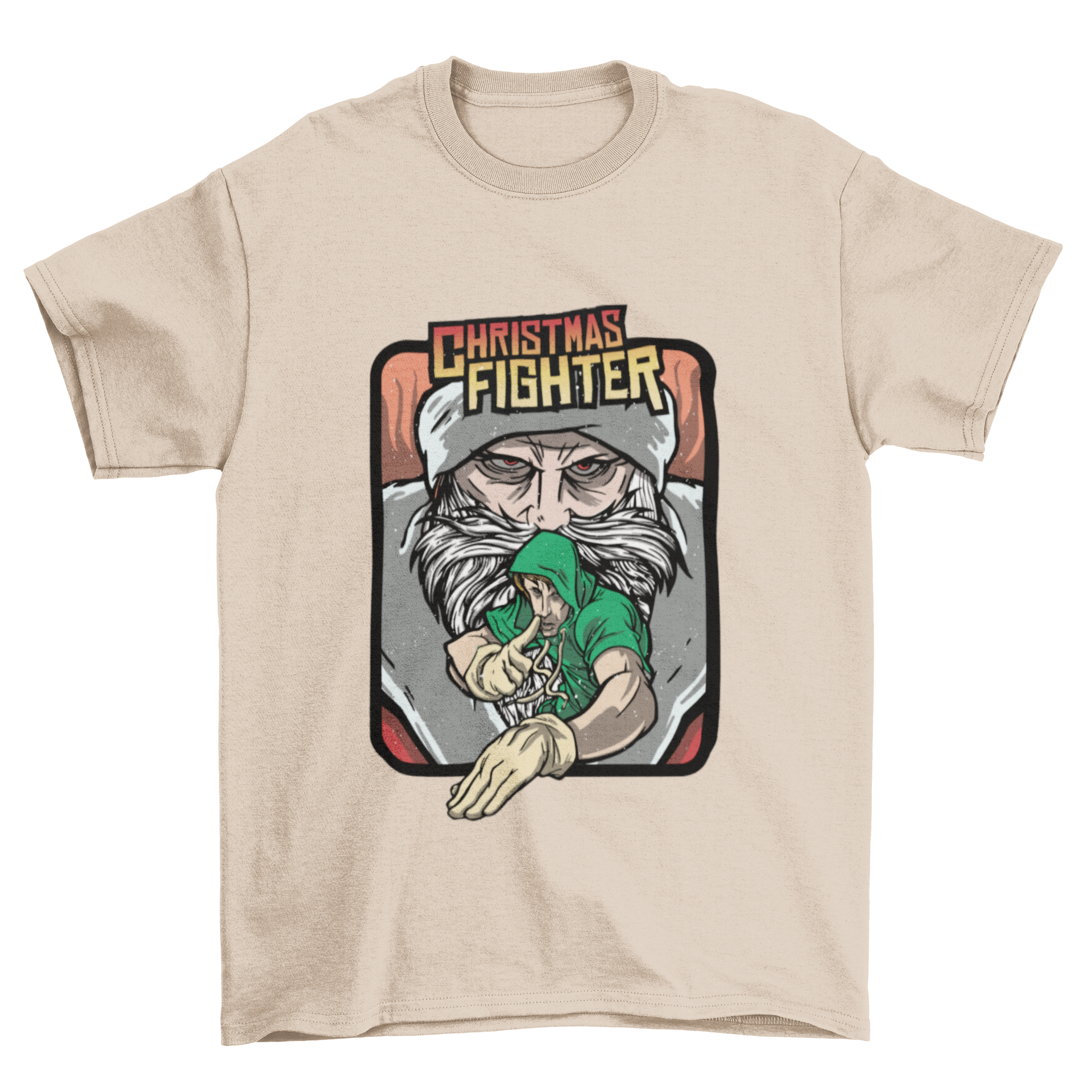 A humorous Christmas T-shirt featuring Santa battling an elf with the text 'CHRISTMAS FIGHTER' in a gaming style.