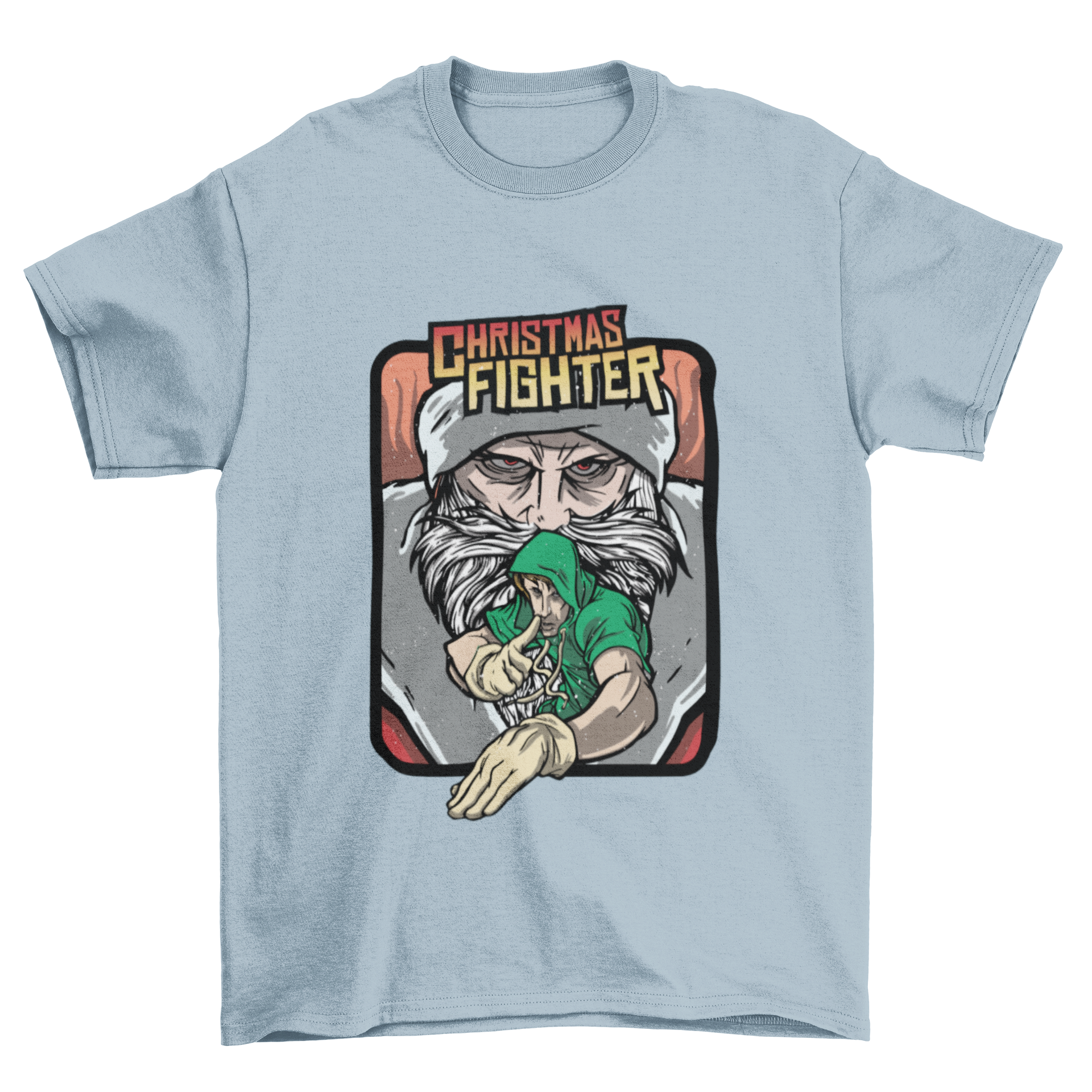 A humorous Christmas T-shirt featuring Santa battling an elf with the text 'CHRISTMAS FIGHTER' in a gaming style.