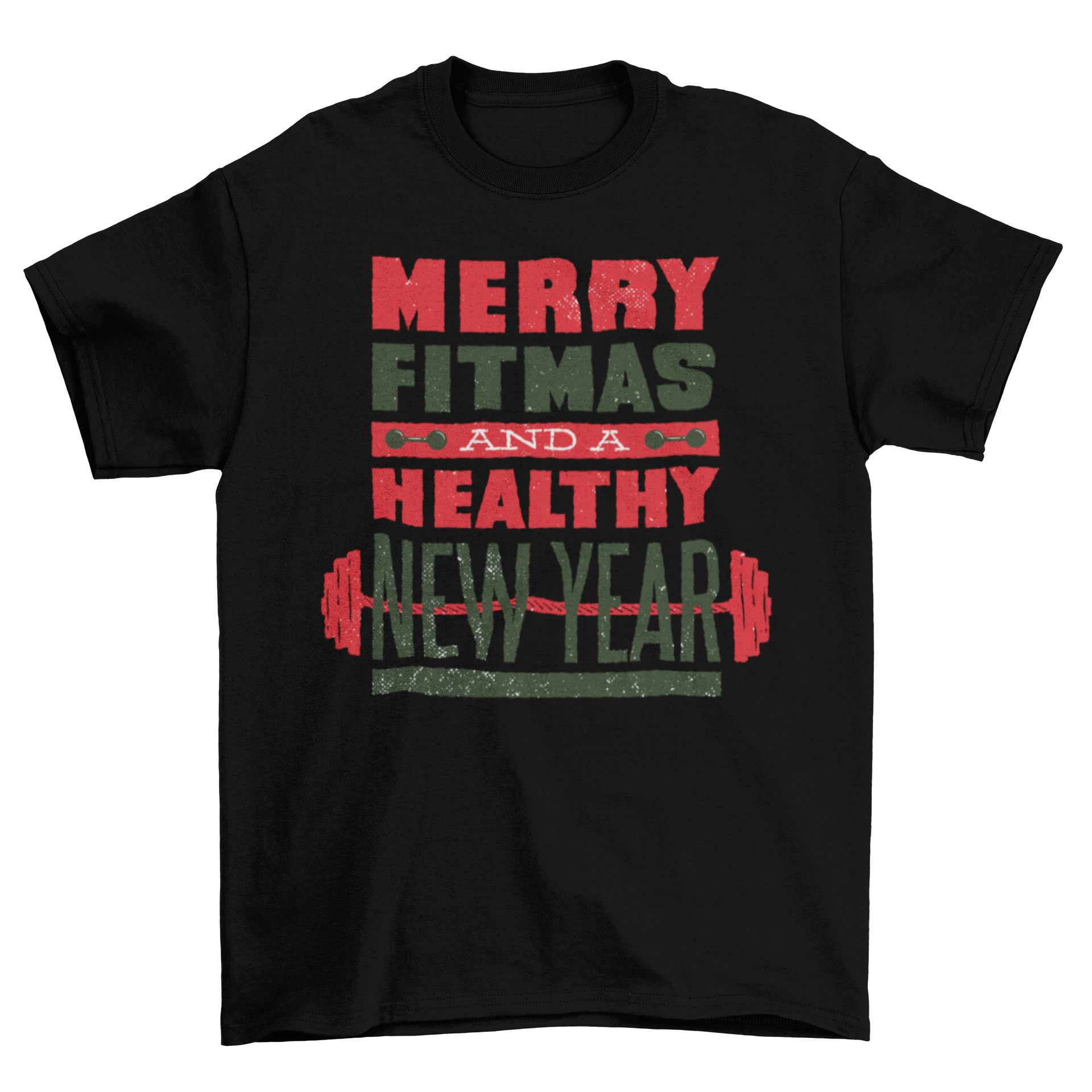 Christmas fitness barbell with the quote 'Merry fitmas and a healthy new year', showcasing a festive design for fitness enthusiasts.