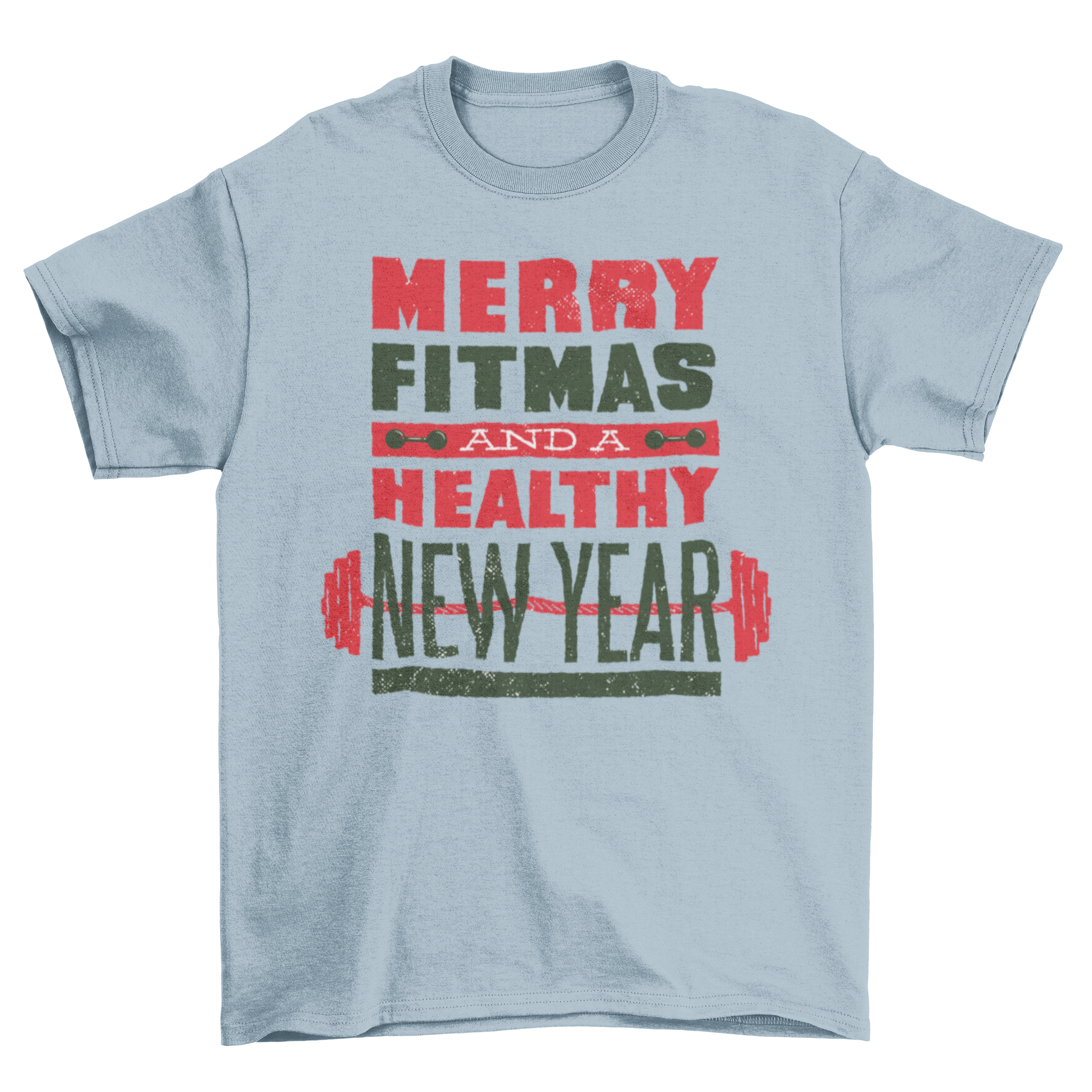 Christmas fitness barbell with the quote 'Merry fitmas and a healthy new year', showcasing a festive design for fitness enthusiasts.