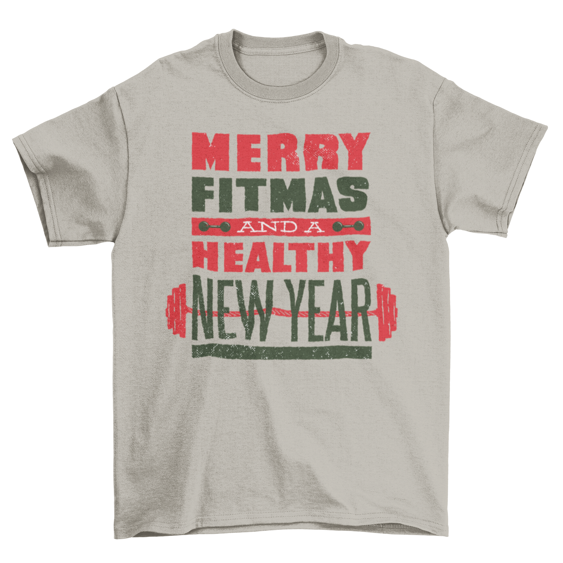 Christmas fitness barbell with the quote 'Merry fitmas and a healthy new year', showcasing a festive design for fitness enthusiasts.