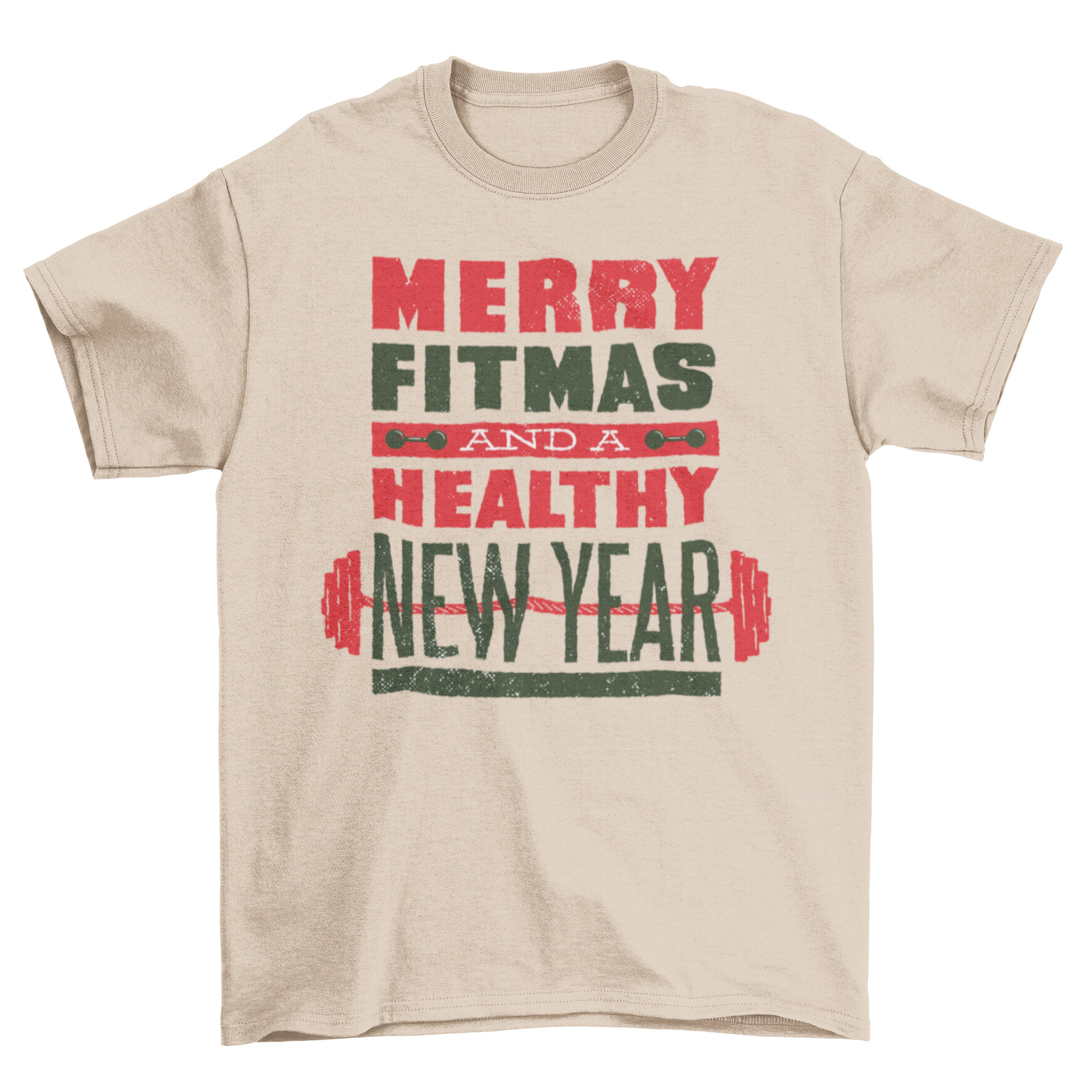 Christmas fitness barbell with the quote 'Merry fitmas and a healthy new year', showcasing a festive design for fitness enthusiasts.