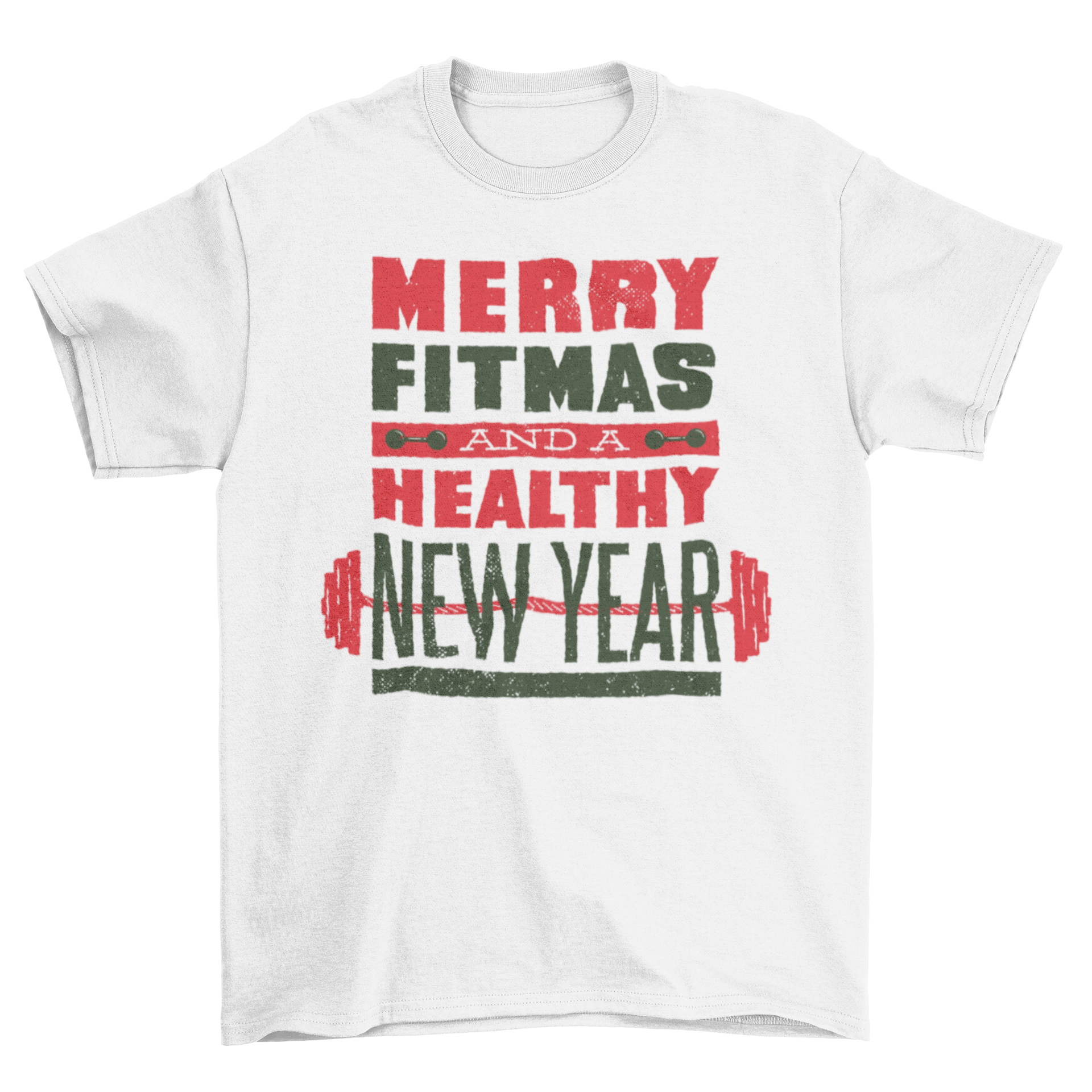 Christmas fitness barbell with the quote 'Merry fitmas and a healthy new year', showcasing a festive design for fitness enthusiasts.