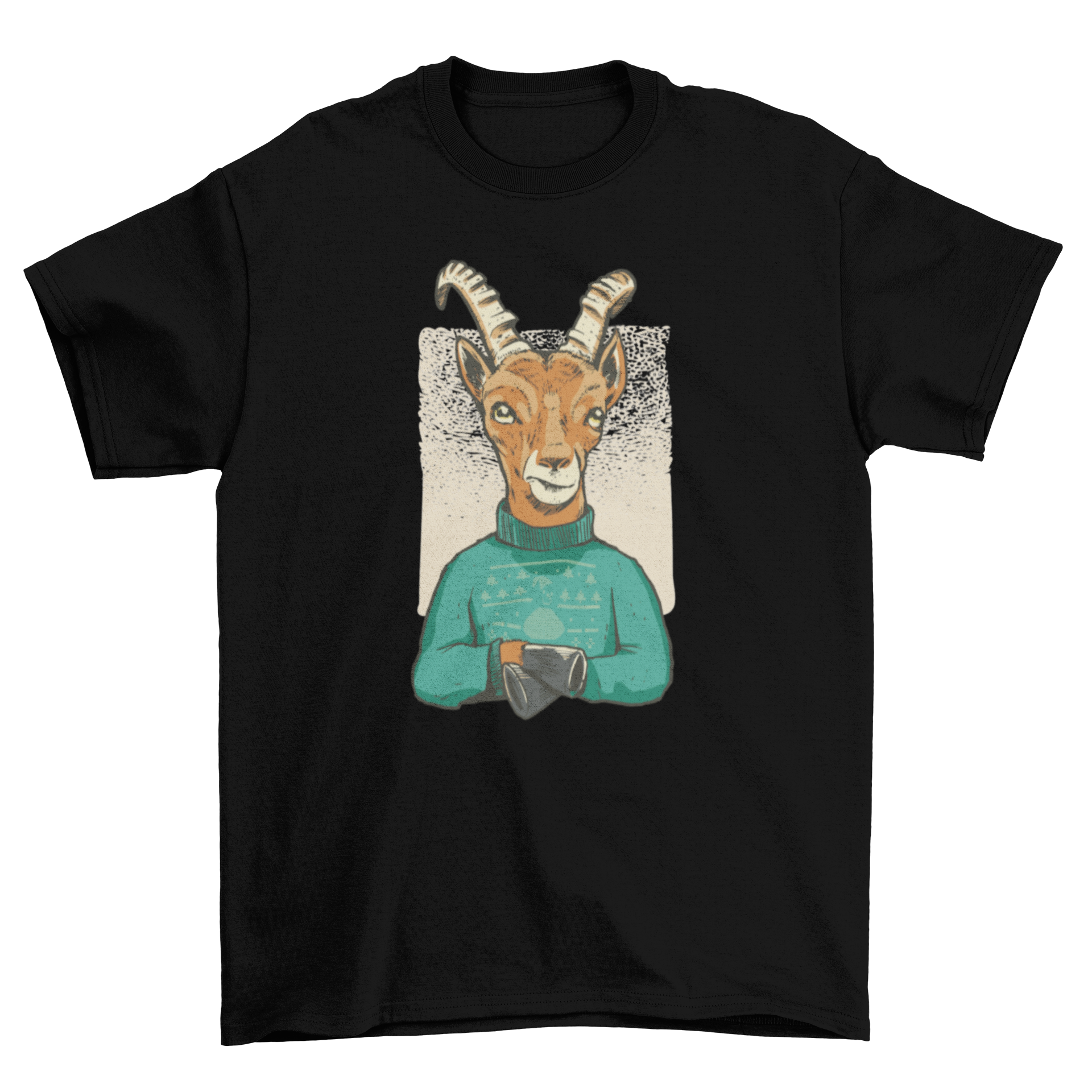 A festive Christmas t-shirt featuring a gazelle in a colorful Christmas sweater, perfect for holiday celebrations.