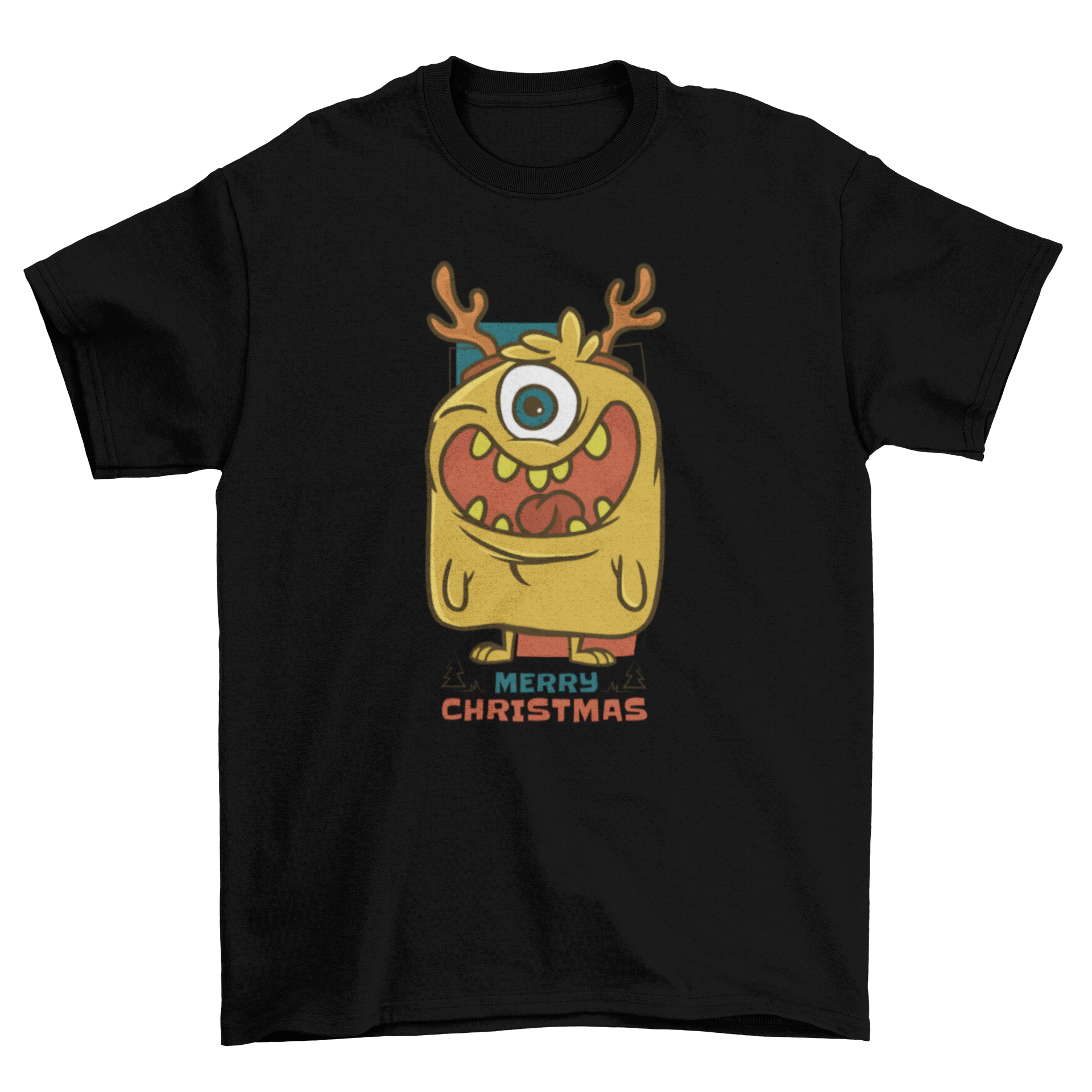 A cheerful Christmas monster t-shirt featuring a cartoon monster smiling with the caption 'Merry Christmas'.