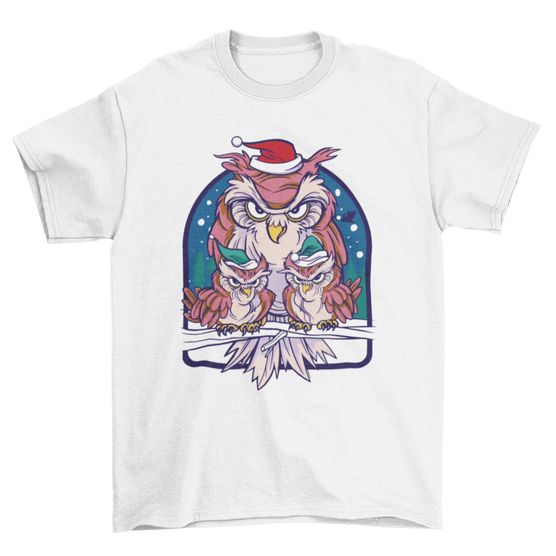 A festive Christmas t-shirt featuring three cute owls wearing colorful Christmas hats, perfect for holiday celebrations.