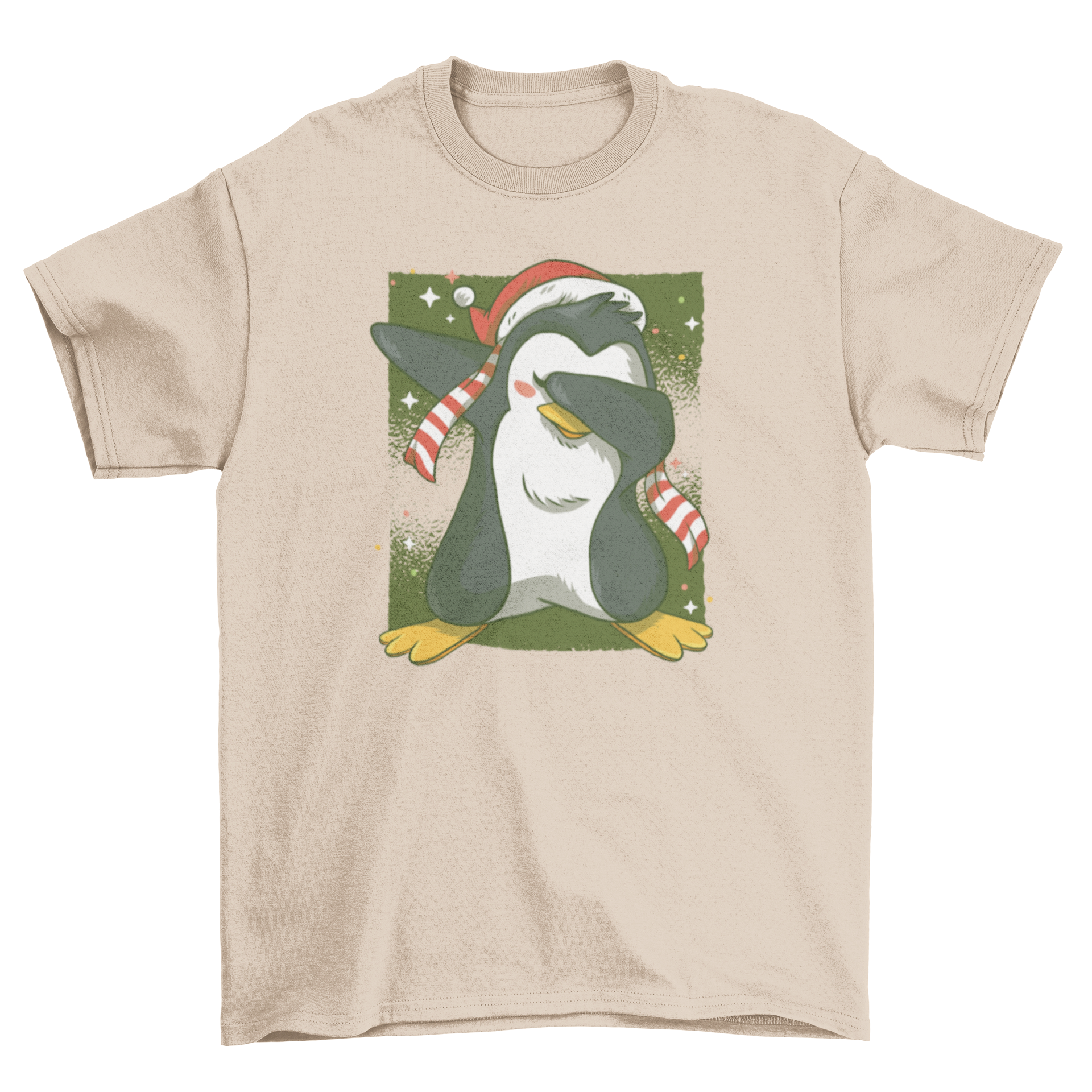 A cute cartoon penguin wearing a Christmas hat and scarf, doing a dab dance move against a starry background on a t-shirt.