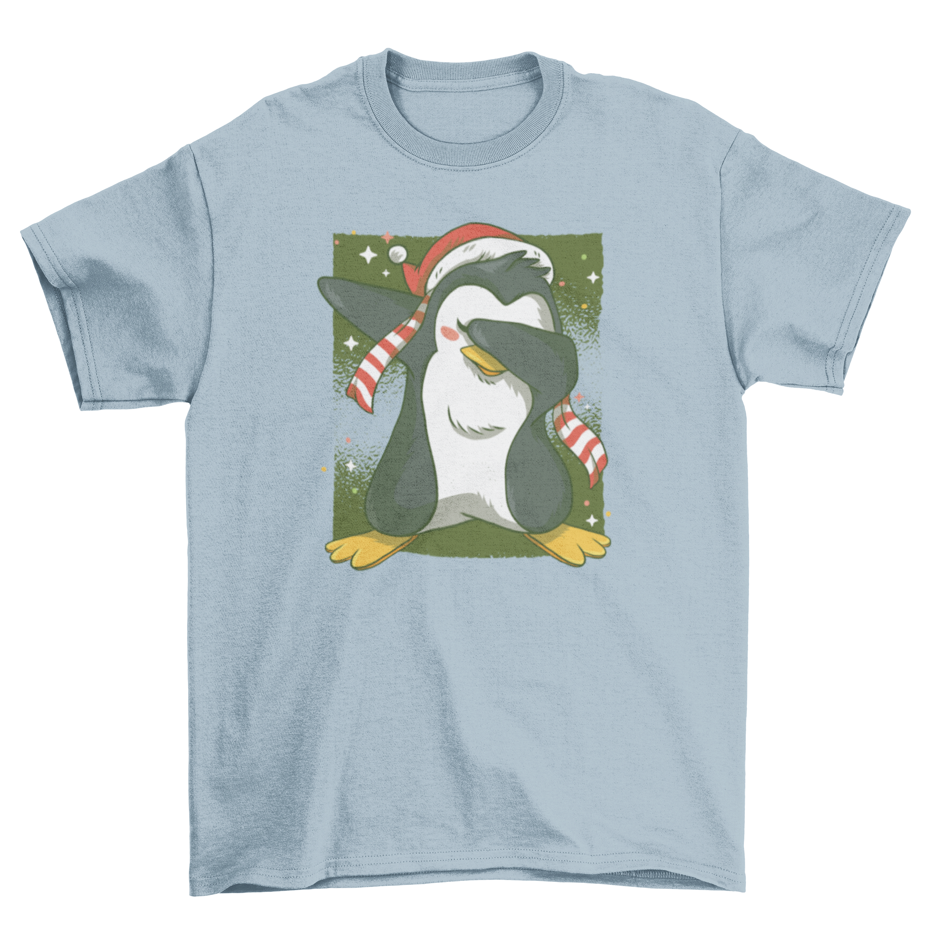 A cute cartoon penguin wearing a Christmas hat and scarf, doing a dab dance move against a starry background on a t-shirt.