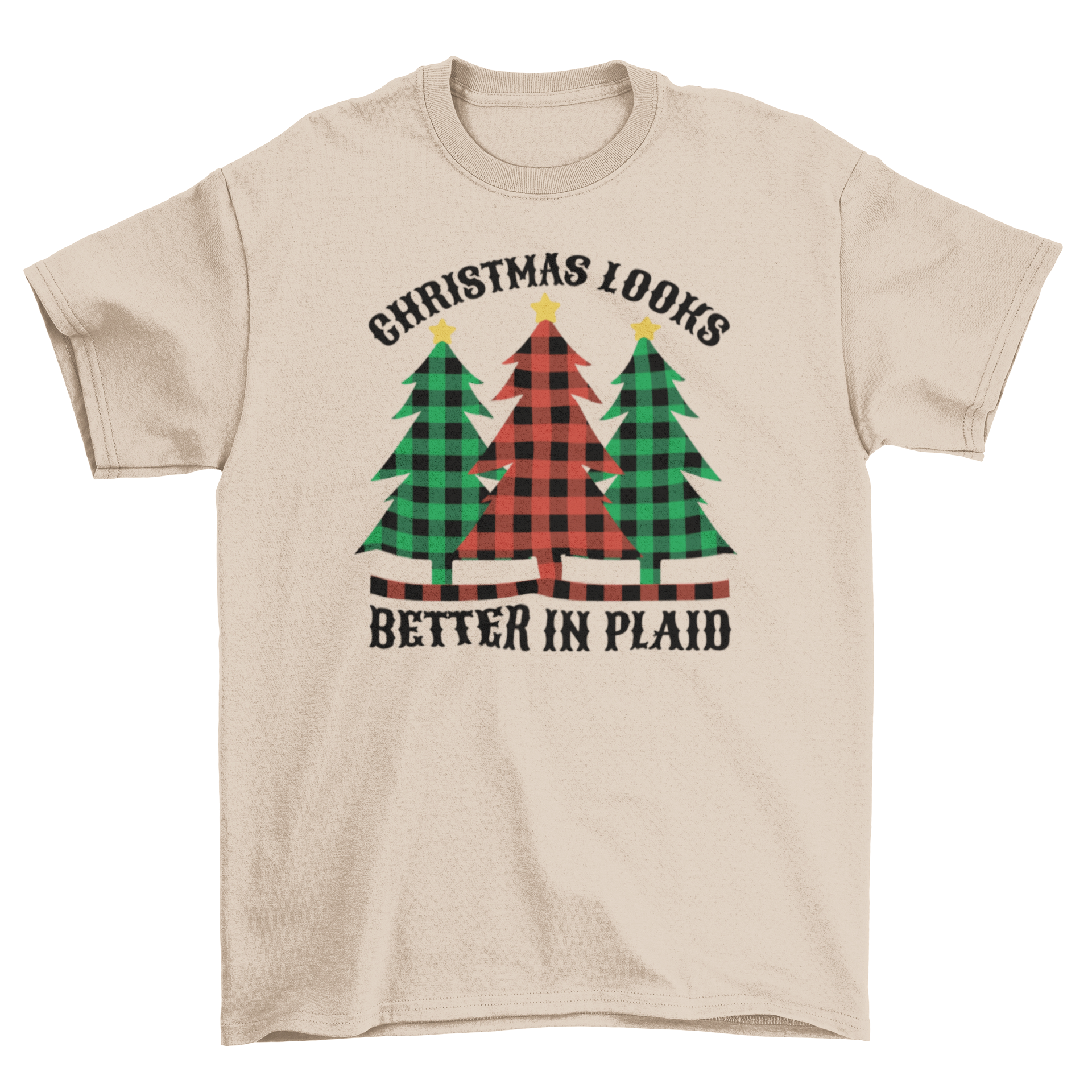 A festive Christmas plaid t-shirt featuring three plaid-patterned Christmas trees and the quote 'Christmas trees better in plaid'.