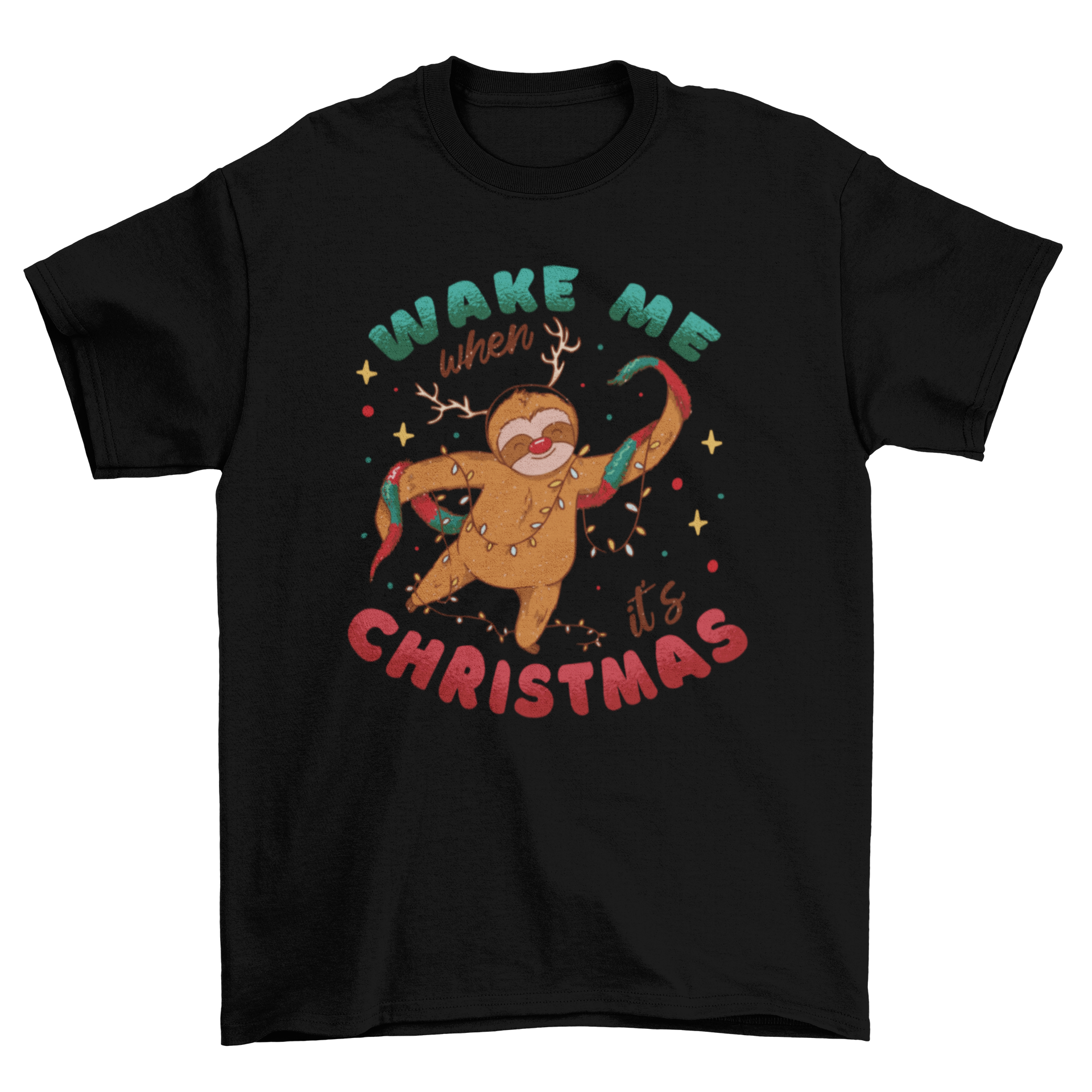 A festive t-shirt featuring a sloth with Christmas decorations and the quote 'Wake me when it's Christmas'.