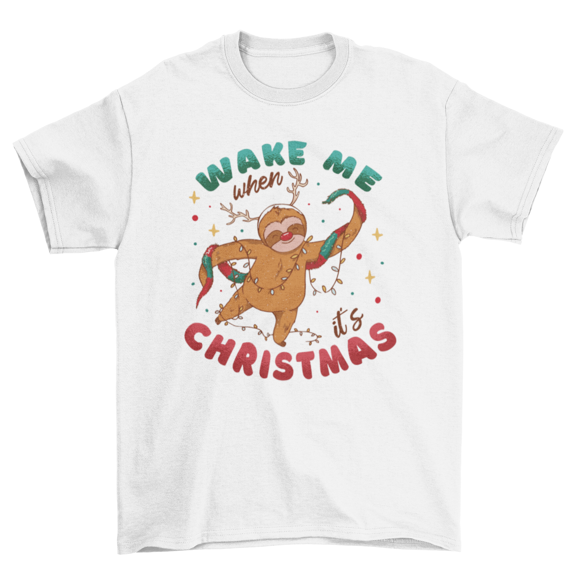 A festive t-shirt featuring a sloth with Christmas decorations and the quote 'Wake me when it's Christmas'.