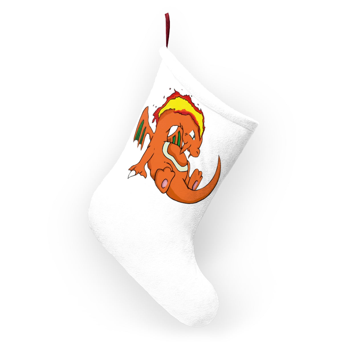 Personalized Christmas stockings hanging by a fireplace, featuring custom prints and a festive design.