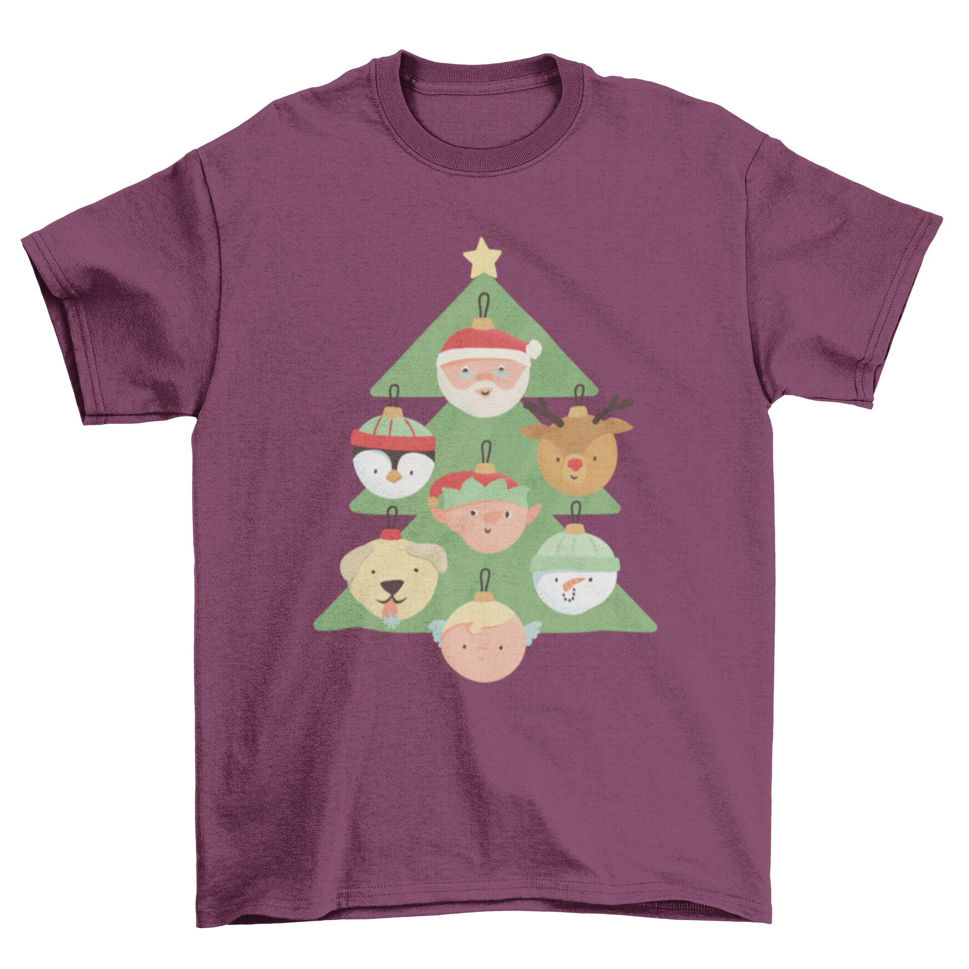 A festive Christmas t-shirt featuring a colorful illustration of a Christmas tree surrounded by cute holiday characters.