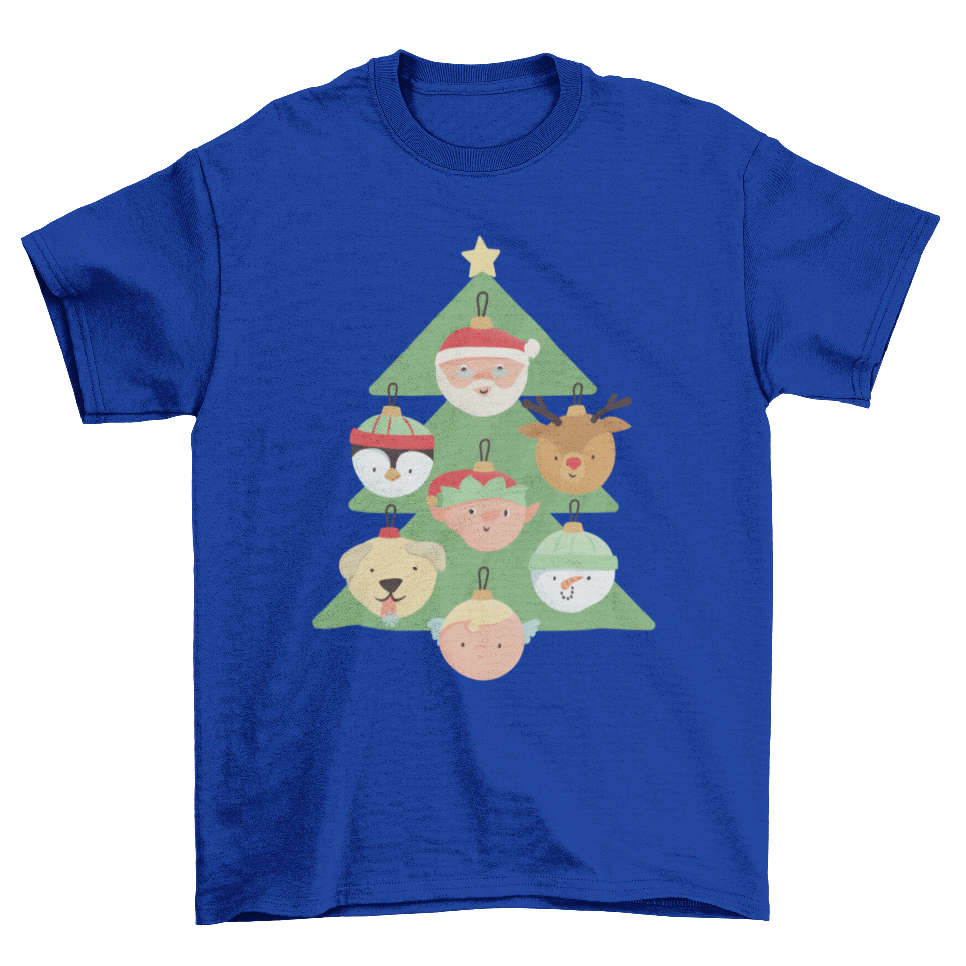 A festive Christmas t-shirt featuring a colorful illustration of a Christmas tree surrounded by cute holiday characters.