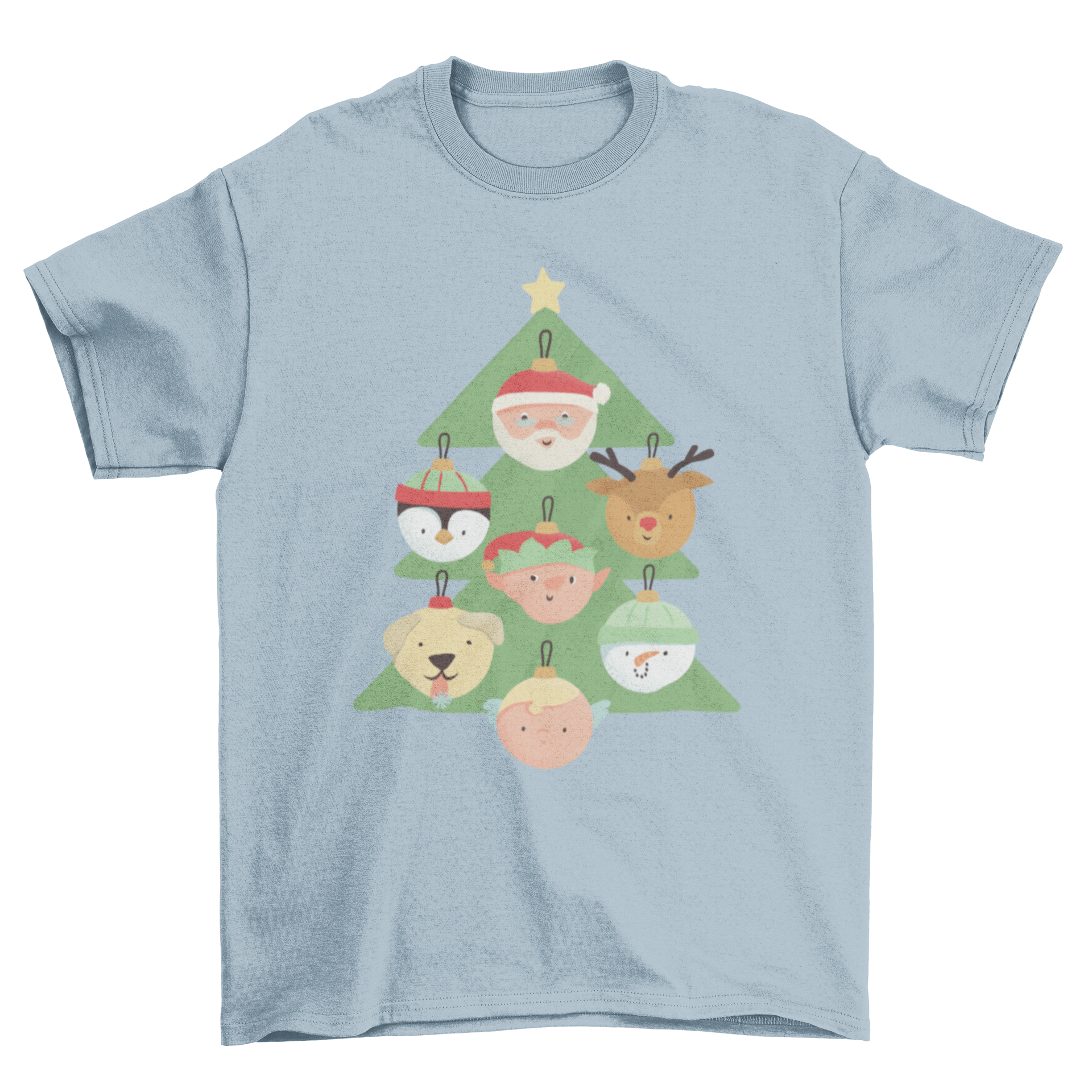 A festive Christmas t-shirt featuring a colorful illustration of a Christmas tree surrounded by cute holiday characters.