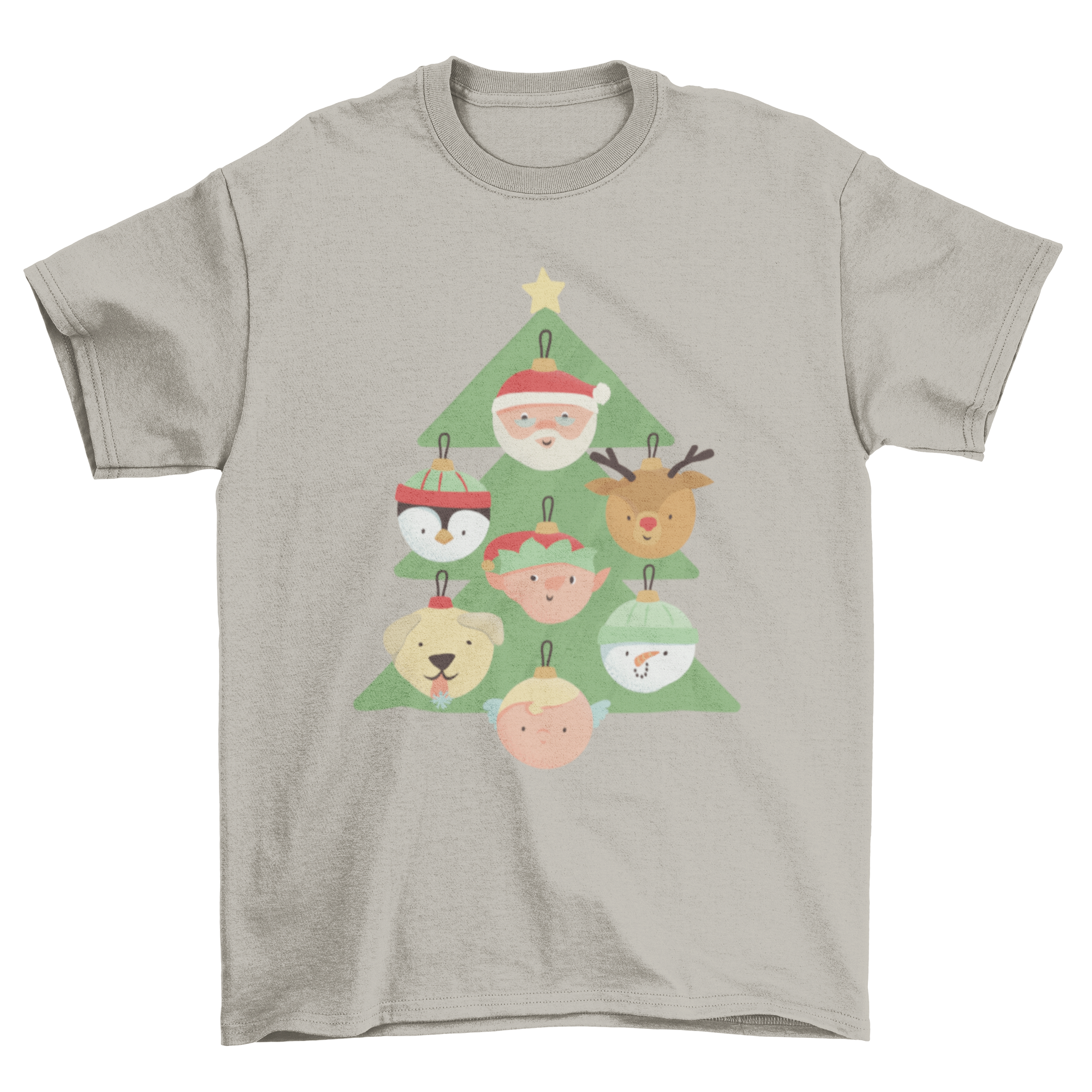 A festive Christmas t-shirt featuring a colorful illustration of a Christmas tree surrounded by cute holiday characters.