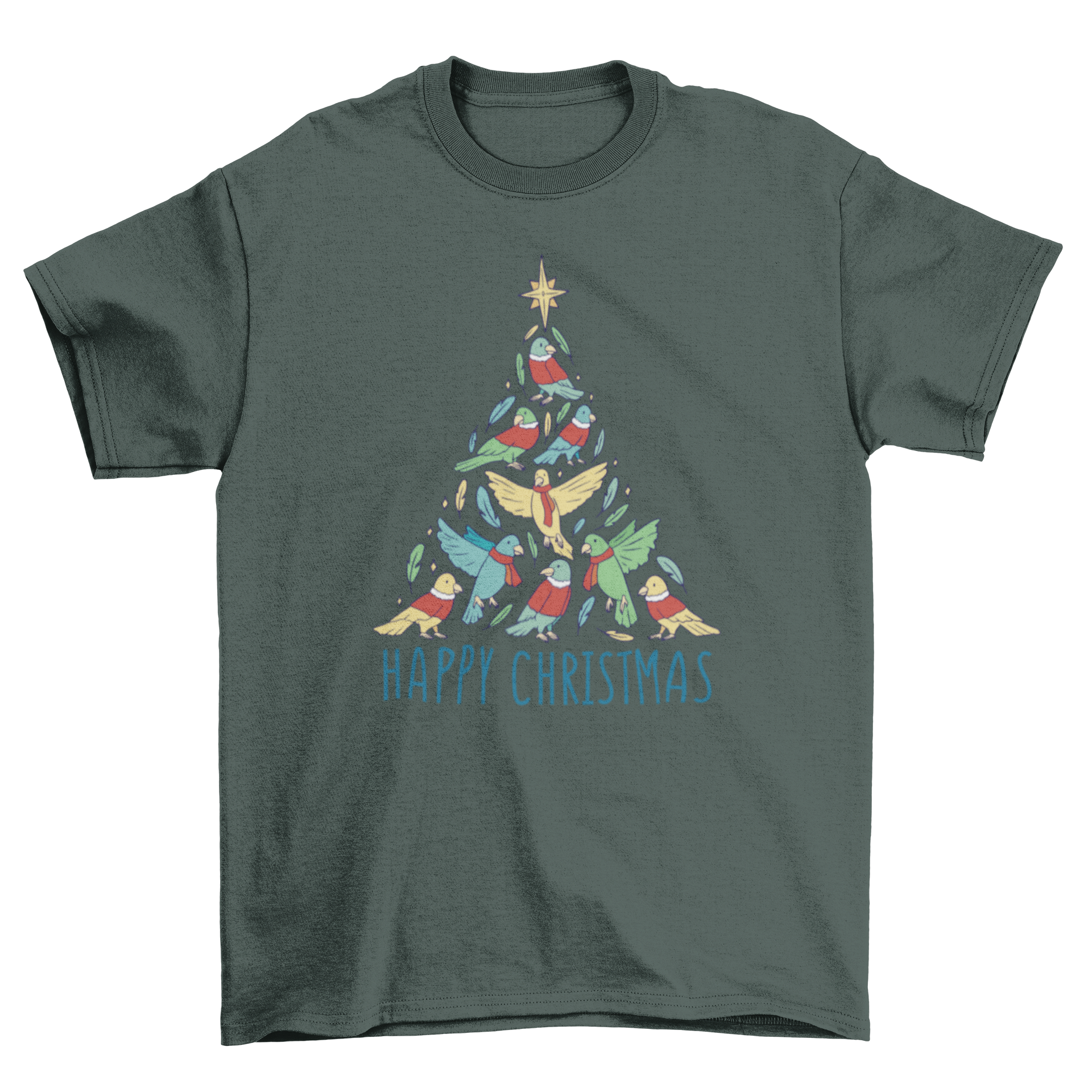 A festive t-shirt featuring a Christmas tree made of colorful birds with the quote 'Merry Christmas'.
