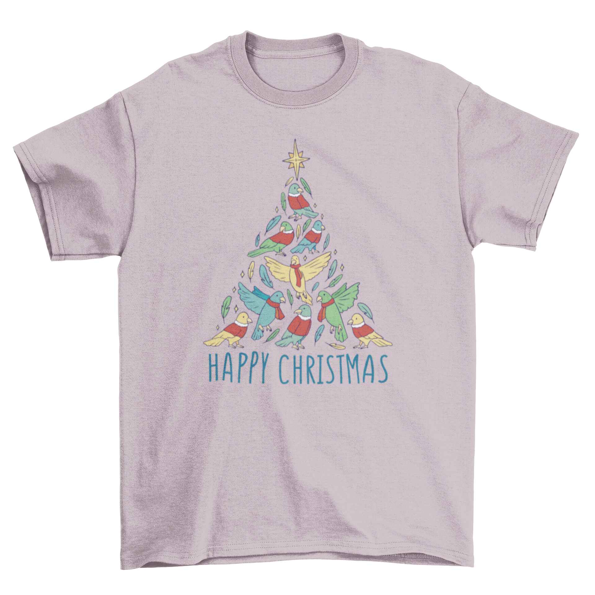 A festive t-shirt featuring a Christmas tree made of colorful birds with the quote 'Merry Christmas'.