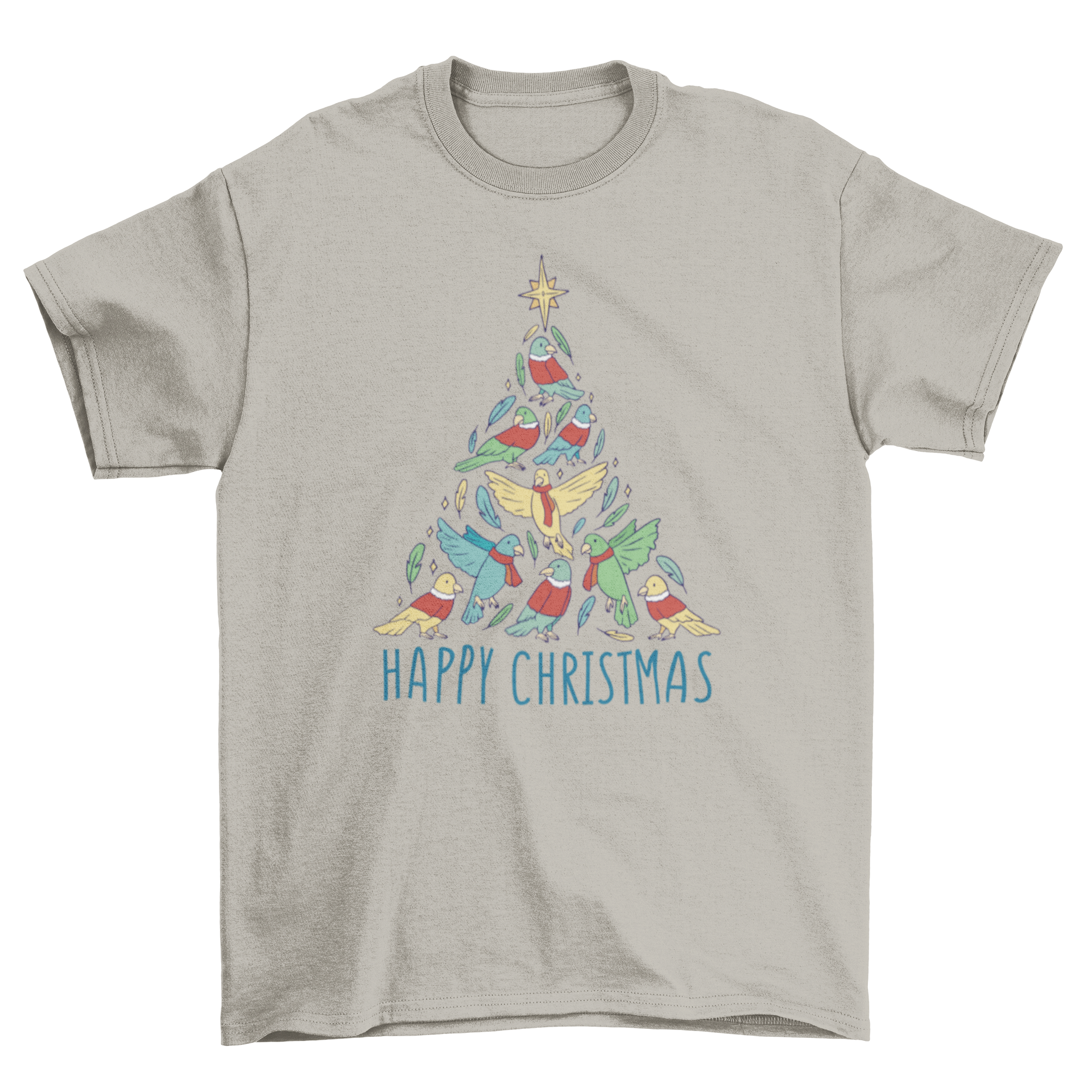 A festive t-shirt featuring a Christmas tree made of colorful birds with the quote 'Merry Christmas'.