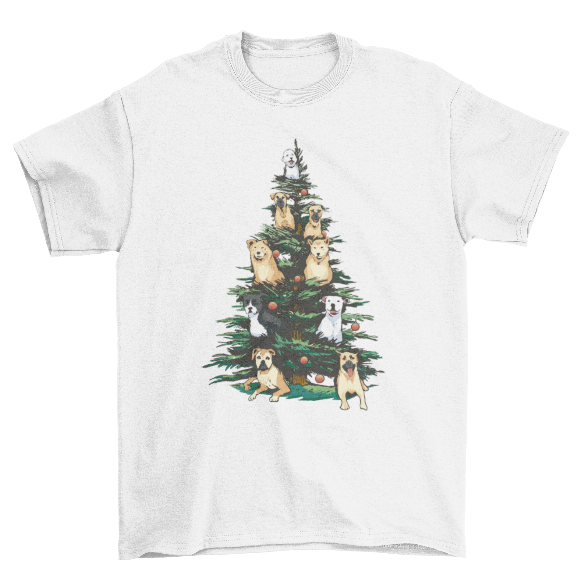 A vibrant t-shirt design featuring a Christmas tree adorned with colorful tropical birds, perfect for holiday celebrations.
