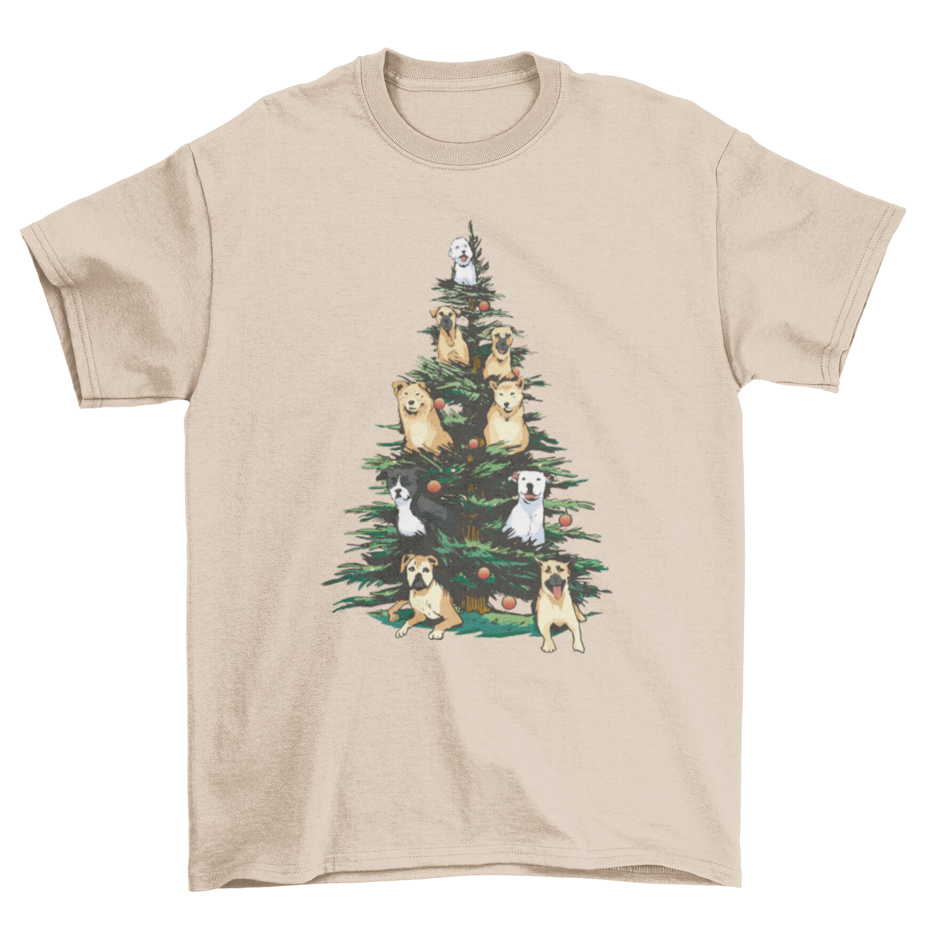 A vibrant t-shirt design featuring a Christmas tree adorned with colorful tropical birds, perfect for holiday celebrations.