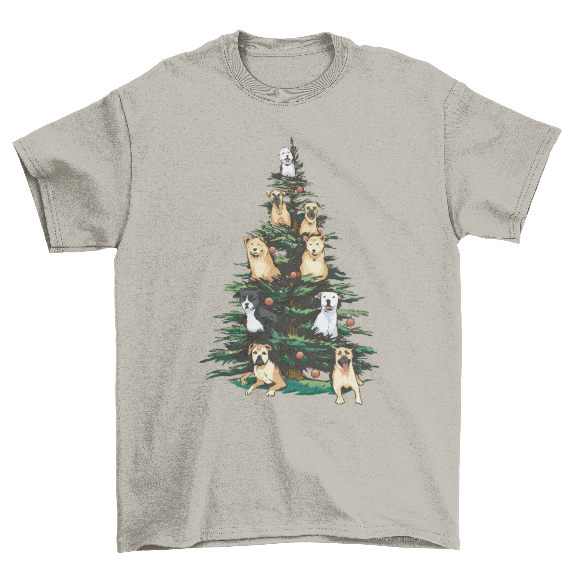 A vibrant t-shirt design featuring a Christmas tree adorned with colorful tropical birds, perfect for holiday celebrations.