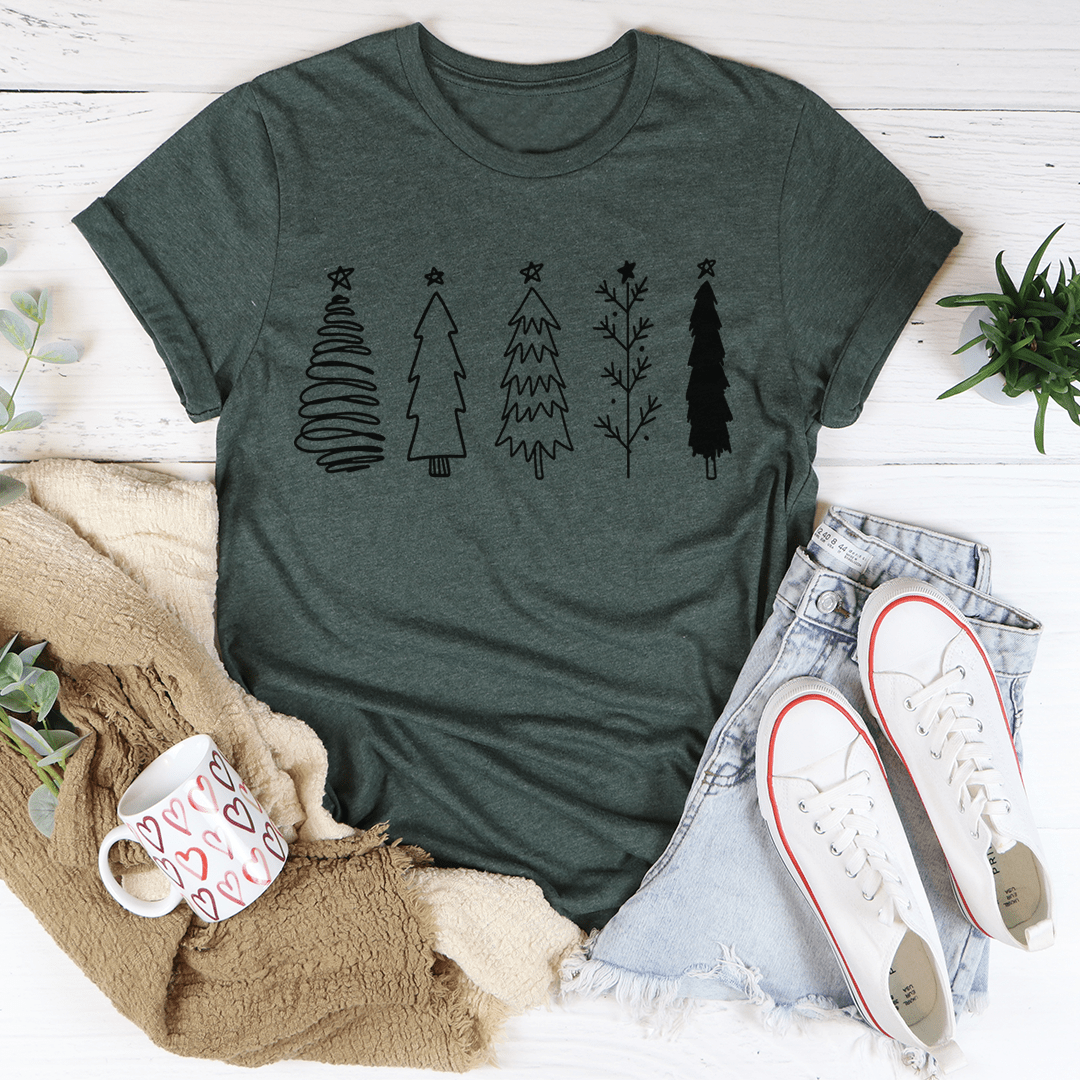 A festive Christmas Trees Tee featuring vibrant digitally printed Christmas tree designs on a soft cotton fabric, perfect for holiday celebrations.