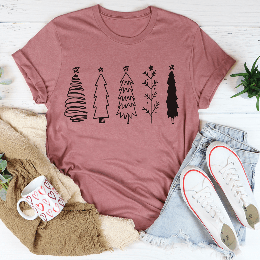 A festive Christmas Trees Tee featuring vibrant digitally printed Christmas tree designs on a soft cotton fabric, perfect for holiday celebrations.