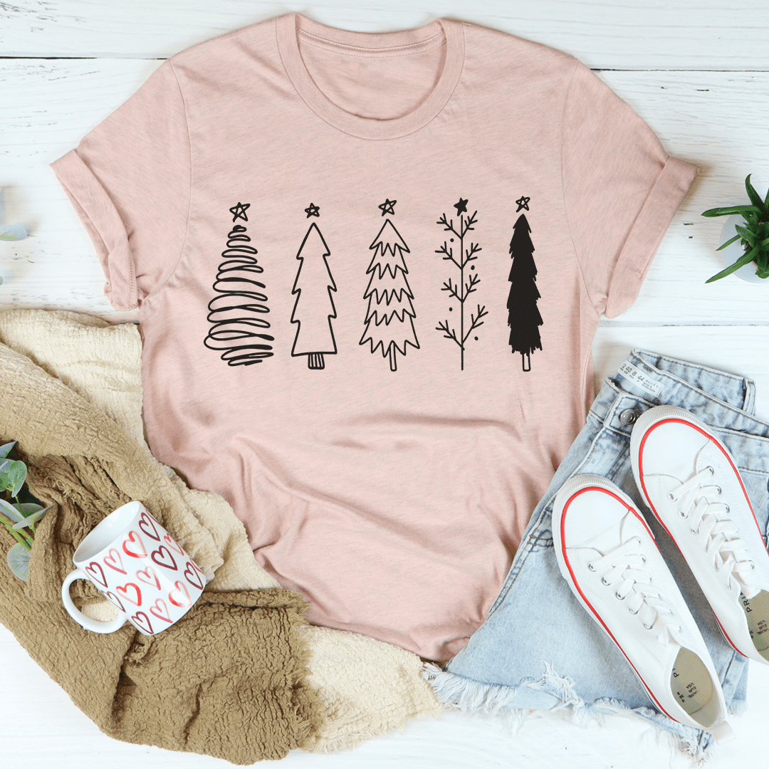 A festive Christmas Trees Tee featuring vibrant digitally printed Christmas tree designs on a soft cotton fabric, perfect for holiday celebrations.