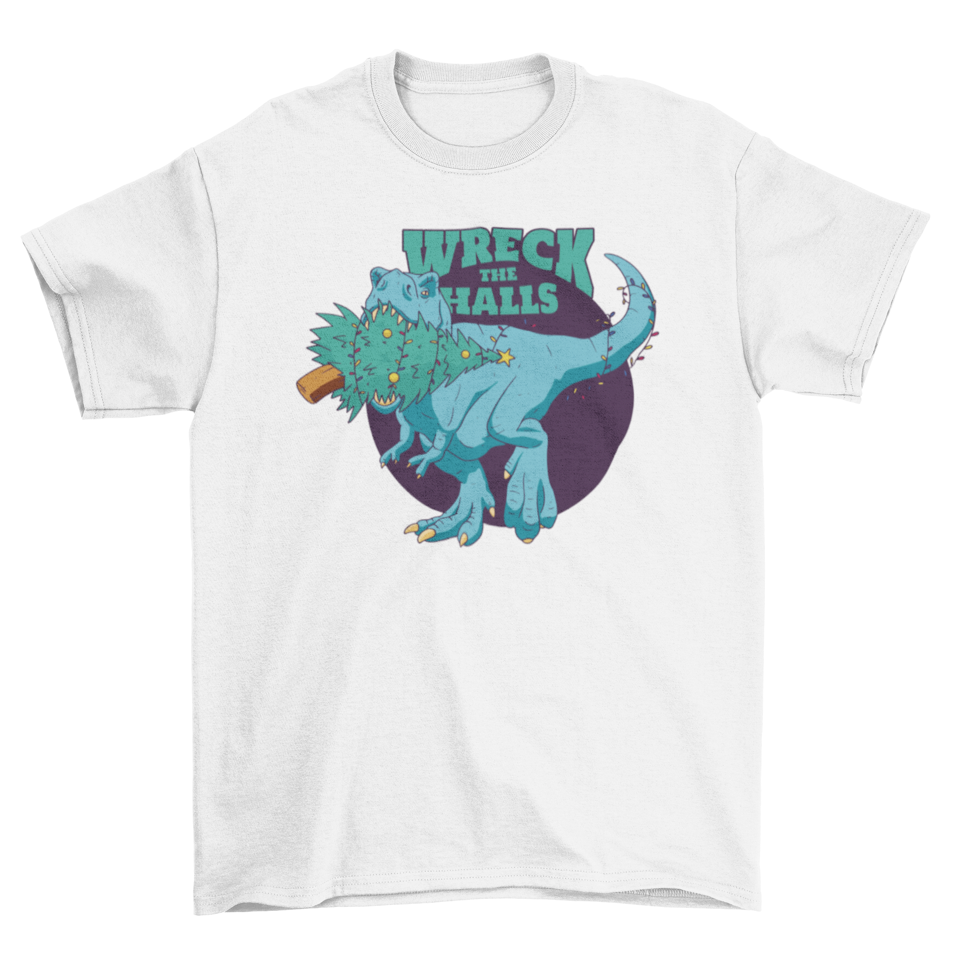 A humorous Christmas t-shirt featuring a T-Rex eating a Christmas tree with the quote 'Wreck the halls'.