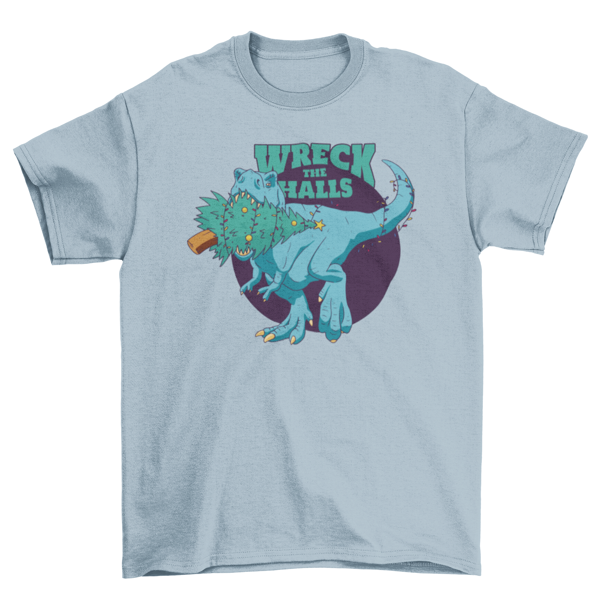 A humorous Christmas t-shirt featuring a T-Rex eating a Christmas tree with the quote 'Wreck the halls'.