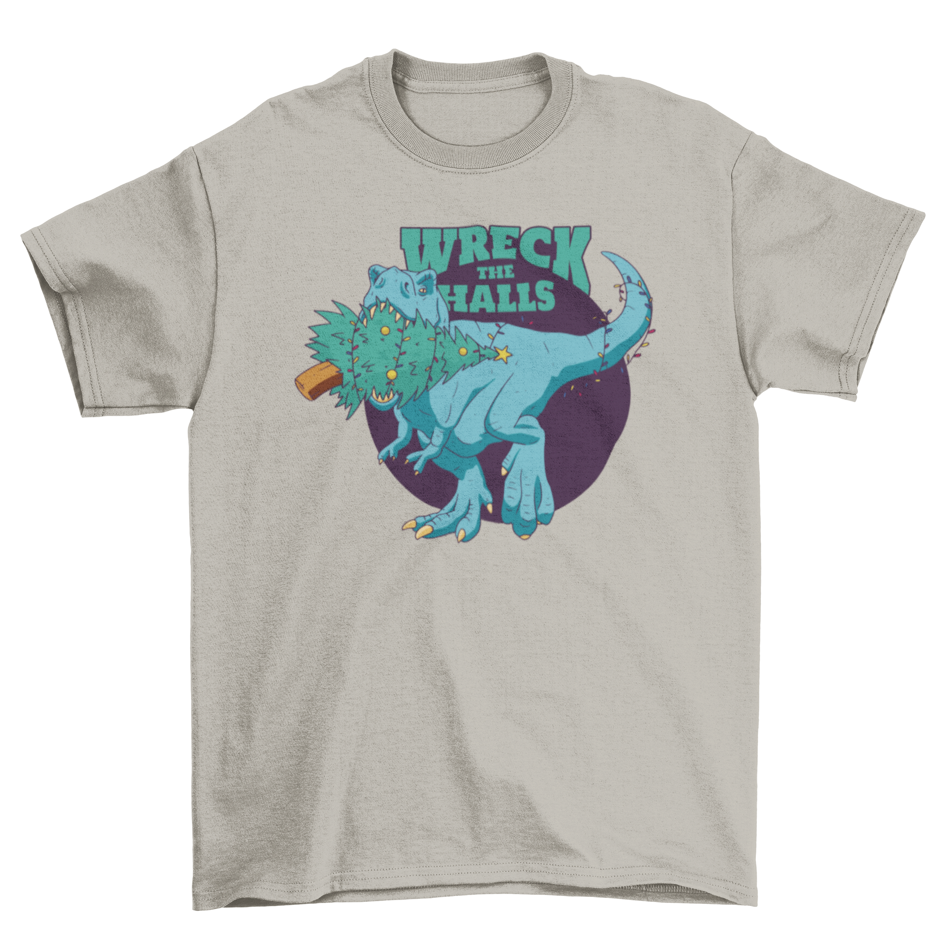 A humorous Christmas t-shirt featuring a T-Rex eating a Christmas tree with the quote 'Wreck the halls'.