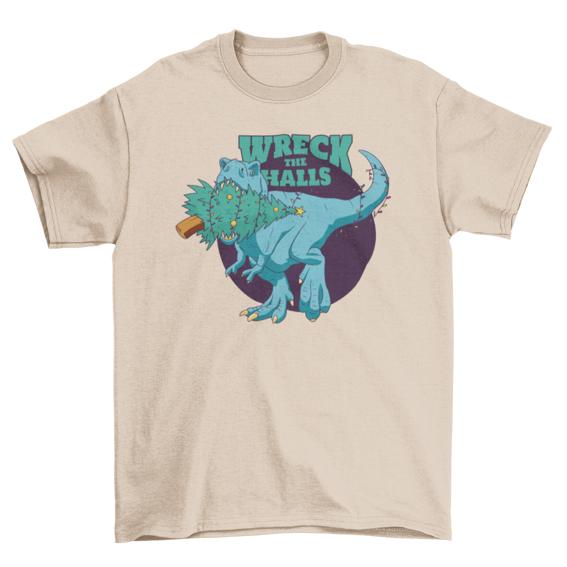 A humorous Christmas t-shirt featuring a T-Rex eating a Christmas tree with the quote 'Wreck the halls'.