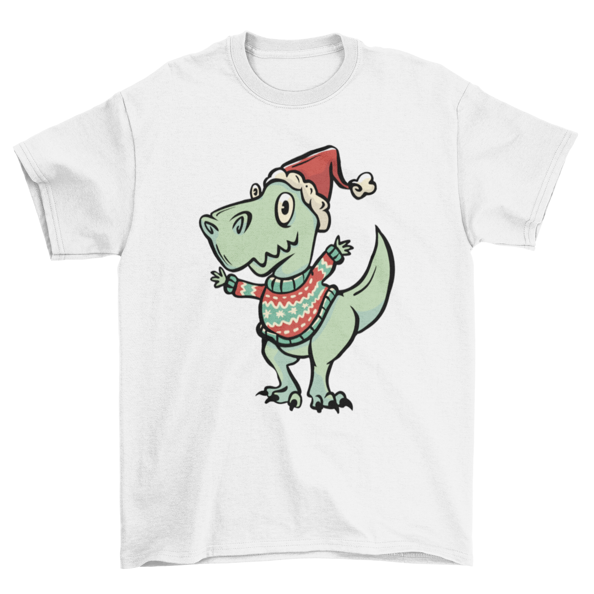A festive Christmas t-shirt design featuring a T-Rex wearing a Santa hat and an ugly sweater, perfect for holiday celebrations.