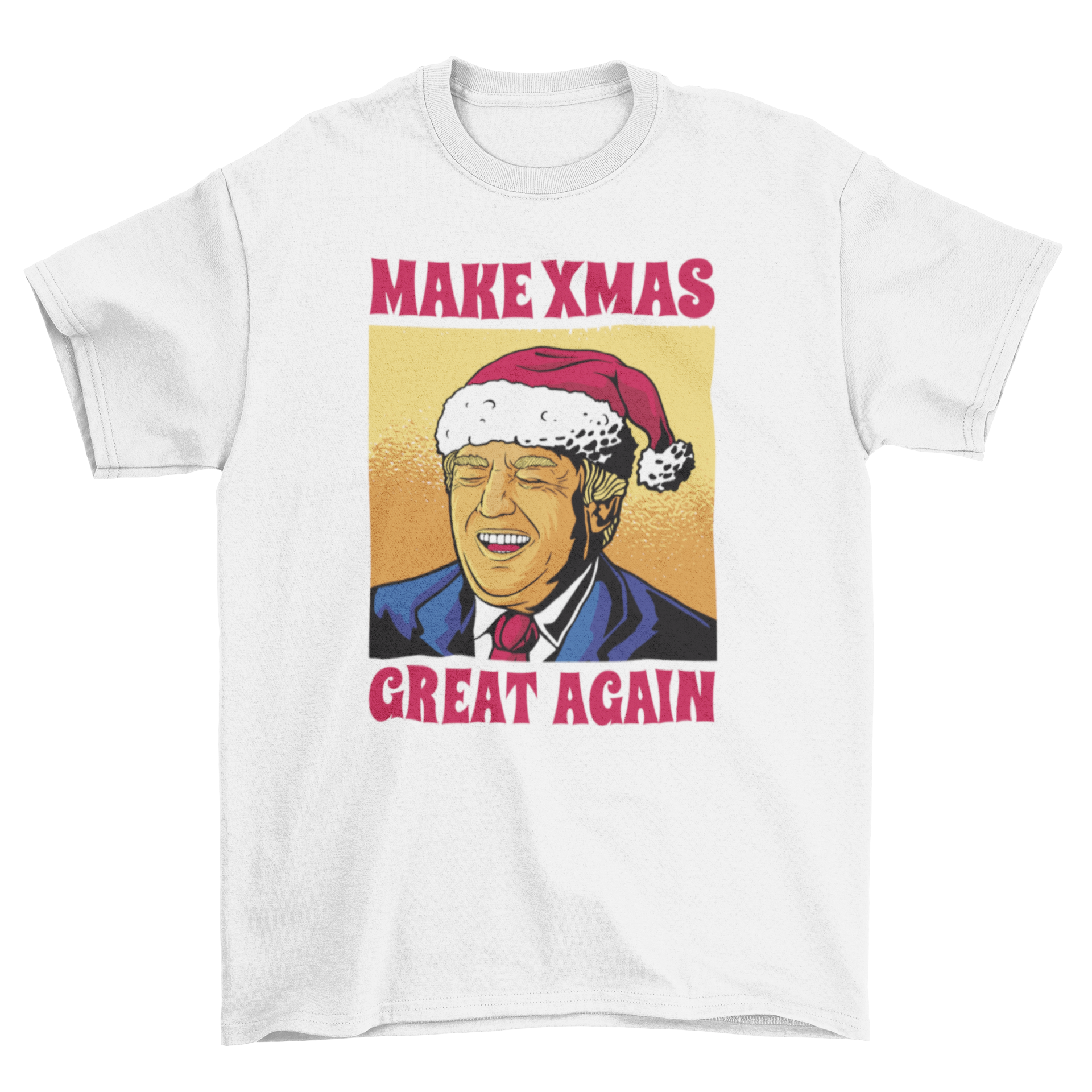 A humorous Christmas t-shirt featuring Trump in a Santa hat with the quote 'Make xmas great again'.