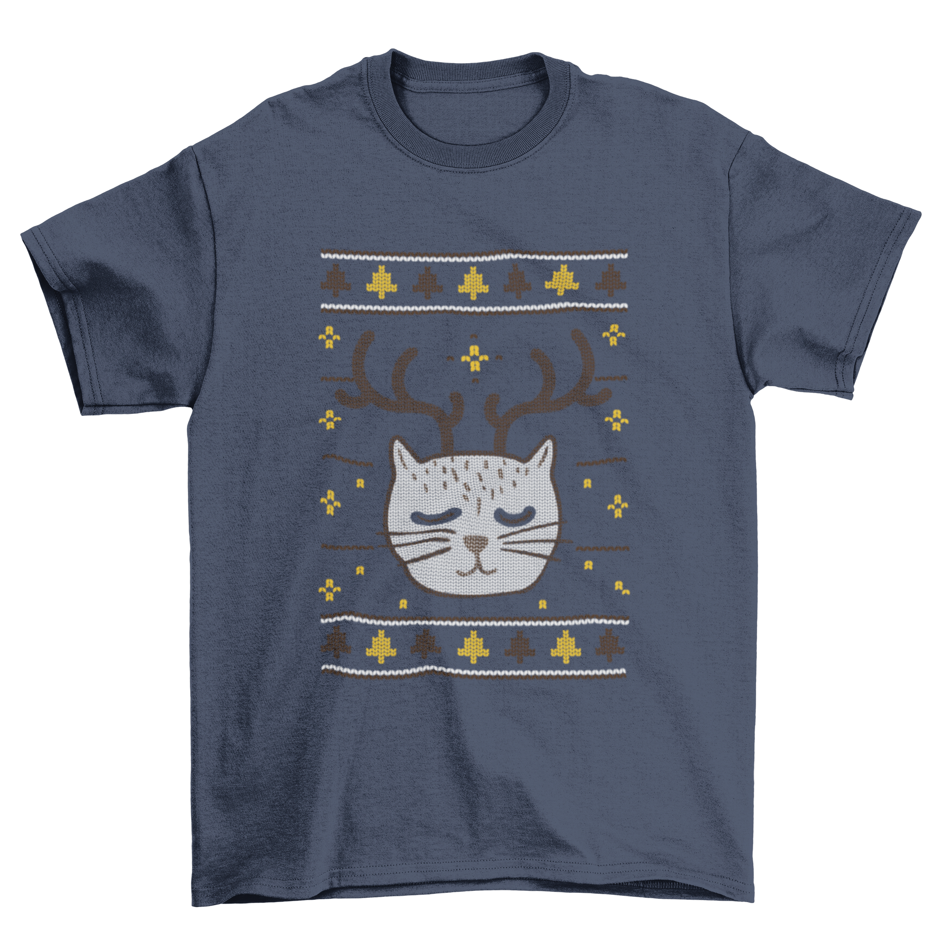 A festive Christmas Ugly Sweater Cat T-shirt featuring a playful cat design in vibrant colors.