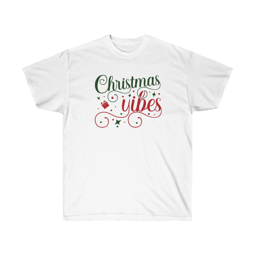 A festive Christmas Vibes Holiday T-Shirt featuring a cheerful design, perfect for holiday celebrations and casual wear.