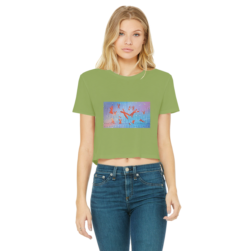 A stylish Chromosomes Classic Women's Cropped Raw Edge T-Shirt featuring a round neck, short sleeves, and a raw edge cut hem, made from soft Ringspun cotton.
